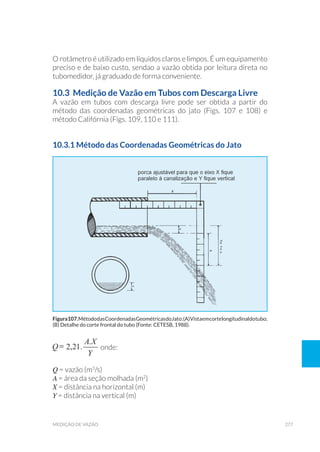 277medição de vazão
O rotâmetro é utilizado em líquidos claros e limpos. É um equipamento
preciso e de baixo custo, sendao a vazão obtida por leitura direta no
tubomedidor, já graduado de forma conveniente.
10.3 Medição de Vazão em Tubos com Descarga Livre
A vazão em tubos com descarga livre pode ser obtida a partir do
método das coordenadas geométricas do jato (Figs. 107 e 108) e
método Califórnia (Figs. 109, 110 e 111).
10.3.1 Método das Coordenadas Geométricas do Jato
	onde:
Q = vazão (m3
/s)
A = área da seção molhada (m2
)
X = distância na horizontal (m)
Y = distância na vertical (m)
Figura107.MétododasCoordenadasGeométricasdoJato:(A)Vistaemcortelongitudinaldotubo;
(B) Detalhe do corte frontal do tubo (Fonte: CETESB, 1988).
 