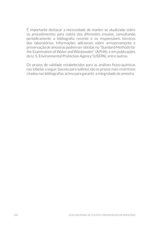 290 Guia Nacional De Coleta E Preservação De Amostras
É importante destacar a necessidade de manter-se atualizado sobre
os procedimentos para coleta dos diferentes ensaios, consultando
periodicamente a bibliografia recente e os responsáveis técnicos
dos laboratórios. Informações adicionais sobre armazenamento e
preservação de amostras podem ser obtidas no “Standard Methods for
the Examination of Water and Wastewater” (APHA), e em publicações
da U. S. Environmental Protection Agency”(USEPA), entre outros.
Os prazos de validade estabelecidos para as análises físico-químicas
nas tabelas a seguir (exceto para sulfeto) são os prazos mais restritivos
citados nas bibliografias acima para garantir a integridade da amostra.
 
