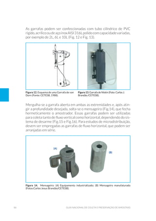 86 Guia Nacional De Coleta E Preservação De Amostras
As garrafas podem ser confeccionadas com tubo cilíndrico de PVC
rígido,acrílicooudeaçoinoxAISI316Lpolidocomcapacidadevariadas,
por exemplo de 2L, 6L e 10L (Fig. 12 e Fig. 13).
Figura 12. Esquema de uma Garrafa de van
Dorn (Fonte: CETESB, 1988).
Figura 13. Garrafa de Niskin (Foto: Carlos J.
Brandão /CETESB).
Mergulha-se a garrafa aberta em ambas as extremidades e, após atin-
gir a profundidade desejada, solta-se o mensageiro (Fig.14), que fecha
hermeticamente o amostrador. Essas garrafas podem ser utilizadas
para coleta tanto de fluxo vertical como horizontal, dependendo do sis-
tema de desarme (Fig.15 e Fig.16). Para estudos de microdistribuição,
devem ser empregadas as garrafas de fluxo horizontal, que podem ser
arranjadas em série.
Figura 14. Mensageiro: (A) Equipamento industrializado; (B) Mensageiro manufaturado
(Fotos:Carlos Jesus Brandão/CETESB).
(a)
(b)
 