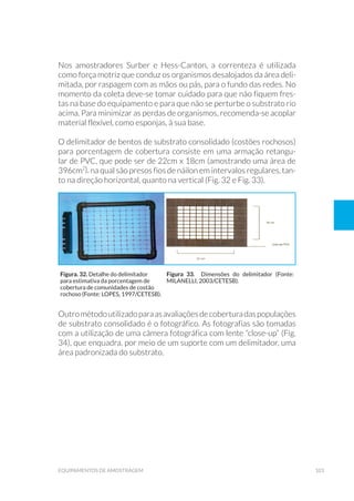103equipamentos de amostragem
Nos amostradores Surber e Hess-Canton, a correnteza é utilizada
como força motriz que conduz os organismos desalojados da área deli-
mitada, por raspagem com as mãos ou pás, para o fundo das redes. No
momento da coleta deve-se tomar cuidado para que não fiquem fres-
tas na base do equipamento e para que não se perturbe o substrato rio
acima. Para minimizar as perdas de organismos, recomenda-se acoplar
material flexível, como esponjas, à sua base.
O delimitador de bentos de substrato consolidado (costões rochosos)
para porcentagem de cobertura consiste em uma armação retangu-
lar de PVC, que pode ser de 22cm x 18cm (amostrando uma área de
396cm2
), na qual são presos fios de náilon em intervalos regulares, tan-
to na direção horizontal, quanto na vertical (Fig. 32 e Fig. 33).
Outrométodoutilizadoparaasavaliaçõesdecoberturadaspopulações
de substrato consolidado é o fotográfico. As fotografias são tomadas
com a utilização de uma câmera fotográfica com lente “close-up” (Fig.
34), que enquadra, por meio de um suporte com um delimitador, uma
área padronizada do substrato.
Figura. 32. Detalhe do delimitador
para estimativa da porcentagem de
cobertura de comunidades de costão
rochoso (Fonte: LOPES, 1997/CETESB).
Figura 33. Dimensões do delimitador (Fonte:
MILANELLI, 2003/CETESB).
 