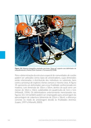 104 Guia Nacional De Coleta E Preservação De Amostras
Para a determinação da estrutura espacial de comunidades de costão
podem ser utilizados vários tipos de amostradores, cujas dimensões
estão relacionadas à distribuição dos indivíduos no substrato, bem
como a presença de espécies menos comuns e mesmo raras. A figura
35 apresenta um delimitador para essa finalidade confeccionado em
madeira, com dimensão de 10cm x 50cm, dentro do qual corre um
menor, de 10cm x 10cm, subdividido em quadrículos de 1cm x 1cm
(Milanelli, 1994). Os delimitadores anteriormente mencionados nas
figuras 32 e 33 também podem ser empregados para amostragem da
porcentagem de cobertura (dimensão de 22cm x 18cm); a diferença
consiste no modo de amostragem devido às finalidades distintas
(Lopes, 1997 e Milanelli, 2003).
Figura. 34. Máquina fotográfica montada com lente “close-up”, suporte com delimitador de
enquadramento e flashes (Foto: Guiomar J. Fornasaro/CETESB).
 