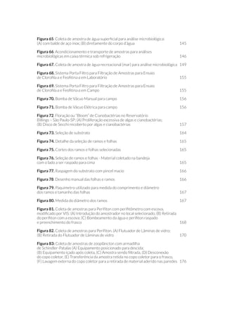 Figura 65. Coleta de amostra de água superficial para análise microbiológica:
(A) com balde de aço inox; (B) diretamente do corpo d’água	 145
Figura 66. Acondicionamento e transporte de amostras para análises
microbiológicas em caixa térmica sob refrigeração	 146
Figura 67. Coleta de amostra de água recreacional (mar) para análise microbiológica	 149
Figura 68. Sistema Porta Filtro para Filtração de Amostras para Ensaio
de Clorofila a e Feofitina a em Laboratório 	 155
Figura 69. Sistema Porta Filtro para Filtração de Amostras para Ensaio
de Clorofila a e Feofitina a em Campo	 155
Figura 70. Bomba de Vácuo Manual para campo	 156
Figura 71. Bomba de Vácuo Elétrica para campo	 156
Figura 72. Floração ou “Bloom” de Cianobactérias no Reservatório
Billings – São Paulo-SP: (A) Proliferação excessiva de algas e cianobactérias;
(B) Disco de Secchi recoberto por algas e cianobactérias	 157
Figura 73. Seleção de substrato	 164
Figura 74. Detalhe da seleção de ramos e folhas	 165
Figura 75. Cortes dos ramos e folhas selecionadas	 165
Figura 76. Seleção de ramos e folhas - Material coletado na bandeja
com o lado a ser raspado para cima	 165
Figura 77. Raspagem do substrato com pincel macio	 166
Figura 78. Desenho manual das folhas e ramos 	 166
Figura 79. Paquímetro utilizado para medida do comprimento e diâmetro
dos ramos e tamanho das folhas	 167
Figura 80. Medida do diâmetro dos ramos	 167
Figura 81. Coleta de amostras para Perifíton com perifitômetro com escova,
modificado por VIS: (A) Introdução do amostrador no local selecionado, (B) Retirada
do perifiton com a escova; (C) Bombeamento da água e perifiton raspado
e preenchimento do frasco	 168
Figura 82. Coleta de amostras para Perifíton. (A) Flutuador de Lâminas de vidro;
(B) Retirada do Flutuador de Lâminas de vidro	 170
Figura 83: Coleta de amostras de zooplâncton com armadilha
de Schindler-Patalas (A) Equipamento posicionado para descida;
(B) Equipamento içado após coleta, (C) Amostra sendo filtrada, (D) Desconexão
do copo coletor, (E) Transferência da amostra retida no copo coletor para o frasco,
(F) Lavagem externa do copo coletor para a retirada de material aderido nas paredes 	 176
 