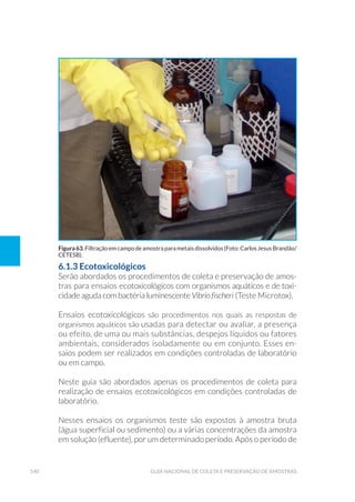 140 Guia Nacional De Coleta E Preservação De Amostras
6.1.3 Ecotoxicológicos
Serão abordados os procedimentos de coleta e preservação de amos-
tras para ensaios ecotoxicológicos com organismos aquáticos e de toxi-
cidade aguda com bactéria luminescente Vibrio fischeri (Teste Microtox).
Ensaios ecotoxicológicos são procedimentos nos quais as respostas de
organismos aquáticos são usadas para detectar ou avaliar, a presença
ou efeito, de uma ou mais substâncias, despejos líquidos ou fatores
ambientais, considerados isoladamente ou em conjunto. Esses en-
saios podem ser realizados em condições controladas de laboratório
ou em campo.
Neste guia são abordados apenas os procedimentos de coleta para
realização de ensaios ecotoxicológicos em condições controladas de
laboratório.
Nesses ensaios os organismos teste são expostos à amostra bruta
(água superficial ou sedimento) ou a várias concentrações da amostra
em solução (efluente), por um determinado período. Após o período de
Figura63.Filtraçãoemcampodeamostraparametaisdissolvidos(Foto:CarlosJesusBrandão/
CETESB).
 