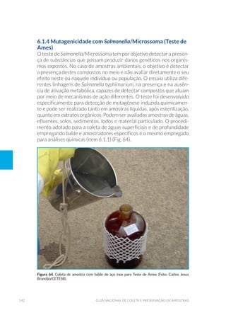 142 Guia Nacional De Coleta E Preservação De Amostras
6.1.4 Mutagenicidade com Salmonella/Microssoma (Teste de
Ames)
O teste de Salmonella/Microssoma tem por objetivo detectar a presen-
ça de substâncias que possam produzir danos genéticos nos organis-
mos expostos. No caso de amostras ambientais, o objetivo é detectar
a presença destes compostos no meio e não avaliar diretamente o seu
efeito neste ou naquele indivíduo ou população. O ensaio utiliza dife-
rentes linhagens de Salmonella typhimurium, na presença e na ausên-
cia de ativação metabólica, capazes de detectar compostos que atuam
por meio de mecanismos de ação diferentes. O teste foi desenvolvido
especificamente para detecção de mutagênese induzida quimicamen-
te e pode ser realizado tanto em amostras líquidas, após esterilização,
quanto em extratos orgânicos. Podem ser avaliadas amostras de águas,
efluentes, solos, sedimentos, lodos e material particulado. O procedi-
mento adotado para a coleta de águas superficiais e de profundidade
empregando balde e amostradores específicos é o mesmo empregado
para análises químicas (item 6.1.1) (Fig. 64).
Figura 64. Coleta de amostra com balde de aço inox para Teste de Ames (Foto: Carlos Jesus
Brandão/CETESB).
 