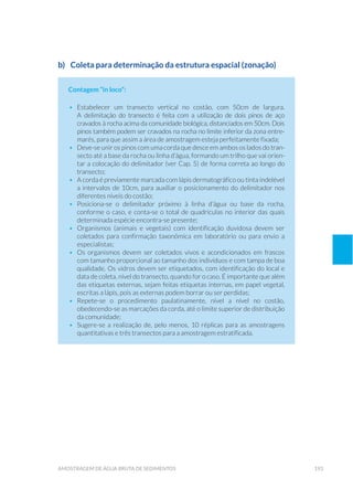 193amostragem de água bruta de sedimentos
b)	 Coleta para determinação da estrutura espacial (zonação)
Contagem “in loco”:
•	Estabelecer um transecto vertical no costão, com 50cm de largura.
A delimitação do transecto é feita com a utilização de dois pinos de aço
cravados à rocha acima da comunidade biológica, distanciados em 50cm. Dois
pinos também podem ser cravados na rocha no limite inferior da zona entre-
marés, para que assim a área de amostragem esteja perfeitamente fixada;
•	 Deve-se unir os pinos com uma corda que desce em ambos os lados do tran-
secto até a base da rocha ou linha d’água, formando um trilho que vai orien-
tar a colocação do delimitador (ver Cap. 5) de forma correta ao longo do
transecto;
•	 A corda é previamente marcada com lápis dermatográfico ou tinta indelével
a intervalos de 10cm, para auxiliar o posicionamento do delimitador nos
diferentes níveis do costão;
•	Posiciona-se o delimitador próximo à linha d’água ou base da rocha,
conforme o caso, e conta-se o total de quadrículas no interior das quais
determinada espécie encontra-se presente;
•	 Organismos (animais e vegetais) com identificação duvidosa devem ser
coletados para confirmação taxonômica em laboratório ou para envio a
especialistas;
•	 Os organismos devem ser coletados vivos e acondicionados em frascos
com tamanho proporcional ao tamanho dos indivíduos e com tampa de boa
qualidade. Os vidros devem ser etiquetados, com identificação do local e
data de coleta, nível do transecto, quando for o caso. É importante que além
das etiquetas externas, sejam feitas etiquetas internas, em papel vegetal,
escritas a lápis, pois as externas podem borrar ou ser perdidas;
•	Repete-se o procedimento paulatinamente, nível a nível no costão,
obedecendo-se as marcações da corda, até o limite superior de distribuição
da comunidade;
•	 Sugere-se a realização de, pelo menos, 10 réplicas para as amostragens
quantitativas e três transectos para a amostragem estratificada.
 