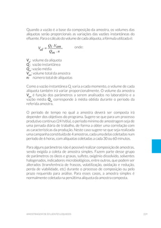 229amostragem de efluentes líquidos
Quando a vazão é a base da composição da amostra, os volumes das
alíquotas serão proporcionais as variações das vazões instantâneas do
efluente. Para o cálculo do volume de cada alíquota, a fórmula utilizada é:
	
	onde:
Val
: volume da alíquota
Qi
: vazão instantânea
Qm
: vazão média
Vam
: volume total da amostra
n: número total de alíquotas
Como a vazão instantânea Qi
varia a cada momento, o volume de cada
alíquota também irá variar proporcionalmente. O volume da amostra
Vam
é função dos parâmetros a serem analisados no laboratório e a
vazão média Qm
corresponde à média obtida durante o período da
referida amostra.
O período de tempo no qual a amostra deverá ser composta irá
depender dos objetivos do programa. Sugere-se que para um processo
produtivo contínuo (24 h/dia), o período mínimo de amostragem seja de
uma jornada diária de trabalho, de forma a obter uma correlação com
as características da produção. Neste caso sugere-se que seja realizada
umacampanhaconstituídade4amostras,cadaumadelascoletadasnum
período de 6 horas, com alíquotas coletadas a cada 30 ou 60 minutos.
Para alguns parâmetros não é possível realizar composição de amostras,
sendo exigida a coleta de amostra simples. Fazem parte desse grupo
de parâmetros os óleos e graxas, sulfeto, oxigênio dissolvido, solventes
halogenados, indicadores microbiológicos, entre outros, que podem ser
alterados (transferência de frascos, volatilização, oxidação e redução,
perda de viabilidade, etc) durante o processo de composição ou pelo
prazo requerido para análise. Para esses casos, a amostra simples é
normalmente coletada na penúltima alíquota da amostra composta.
 