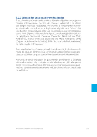 231amostragem de efluentes líquidos
8.2.3 Seleção dos Ensaios a Serem Realizados
A escolha dos parâmetros dependerá, além dos objetivos do programa
citados anteriormente, do tipo de efluente industrial e da classe
dos corpos hídricos receptores. Para tanto, é fundamental manter-
se atualizado, consultando a legislação vigente nos “sites” das
instituições responsáveis pela sua elaboração e/ou homologação,
como ANA (Agência Nacional de Águas), Anvisa (Agência Nacional
de Vigilância Sanitária), Conama (Conselho Nacional do Meio
Ambiente), Ibama (Instituto Brasileiro do Meio Ambiente, OMS
(OrganizaçãoMundialdeSaúde),SMA(SecretariadoMeioAmbiente)
de cada estado, entre outros.
Para a avaliação dos efluentes visando à implementação de sistemas de
reúso de água, os parâmetros a serem analisados dependerão do pro-
cesso produtivo e de quais contaminantes serão tolerados no reúso.
Na tabela 8 estão indicados os parâmetros pertinentes a diversas
atividades industriais; contudo, esta tabela deve ser utilizada apenas
como referência, devendo o técnico acrescentar ou não outros parâ-
metros, com base no levantamento industrial e na vistoria realizada
na indústria.
 