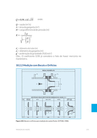 273medição de vazão
,	onde:
Q = vazão (m3
/s)
A = área da garganta (m2
)
H = carga diferencial de pressão (m)
d1
= diâmetro do tubo (m)
d2
= diâmetro da garganta (m)
g = aceleração da gravidade (9,81m/s2
)
Obs.: O coeficiente 0,98 já considera o fato de haver mercúrio no
manômetro.
10.2.2 Medição com Bocais e Orifícios
Figura 103. Bocais e orifícios para medição de vazão (Fonte: CETESB, 1988).
 