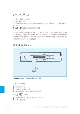274 Guia Nacional De Coleta E Preservação De Amostras
onde:
A = área da seção (m2
)
Q = vazão (m3
/s)
C = coeficiente de vazão adimensional para cada tipo de orifício ou bocal
K = 4,42
H = H1
– H2
, carga hidráulica (mca)
Os bocais distinguem-se dos orifícios e dos tubos a partir da relação
entre comprimento e diâmetro (d). Esta relação também influi nos coe-
ficientes de vazão e na velocidade do escoamento, se o orifício estiver
instalado em uma canalização.
10.2.3 Tubo de Pitot
Figura 104. Tubo de Pitot (Fonte: CETESB, 1988).
Q = S . V, onde:
Q = vazão (m3
/s)
S = área da seção (m2
)
V = velocidade média na seção (m/s)
onde:
g = aceleração da gravidade (9,81m/s2
)
H = P2
– P1
(mca)
 