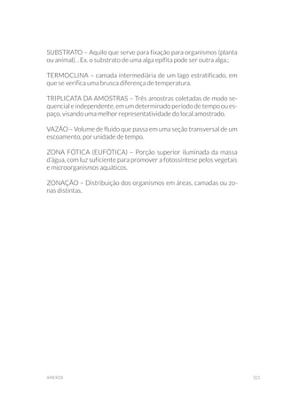 321anexos
SUBSTRATO – Aquilo que serve para fixação para organismos (planta
ou animal). . Ex. o substrato de uma alga epífita pode ser outra alga.;
TERMOCLINA – camada intermediária de um lago estratificado, em
que se verifica uma brusca diferença de temperatura.
TRIPLICATA DA AMOSTRAS – Três amostras coletadas de modo se-
quencial e independente, em um determinado período de tempo ou es-
paço, visando uma melhor representatividade do local amostrado.
VAZÃO – Volume de fluido que passa em uma seção transversal de um
escoamento, por unidade de tempo.
ZONA FÓTICA (EUFÓTICA) – Porção superior iluminada da massa
d’água, com luz suficiente para promover a fotossíntese pelos vegetais
e microorganismos aquáticos.
ZONAÇÃO – Distribuição dos organismos em áreas, camadas ou zo-
nas distintas.
 