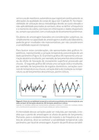 37planejamento de amostragem
seria o uso de monitores automáticos que registram continuamente as
alterações da qualidade do corpo de água (ver Capítulo 9). Na impos-
sibilidade de utilização dessa metodologia devido ao custo elevado e
não-aplicabilidade para todas as variáveis, deve-se definir a frequência
e o momento da coleta, com base em informações e dados disponíveis
ou, sempre que possível, com a realização de levantamento preliminar.
Os planos de amostragem baseados em considerações subjetivas, ou
simplesmente na capacidade de amostragem e analítica do laboratório,
poderão gerar resultados não representativos, por não considerarem
a variabilidade espacial e temporal.
Para ilustrar estas considerações, são apresentados dois gráficos hi-
potéticos, representando a variação temporal da concentração de um
dado parâmetro (Figura 3). O primeiro gráfico (A) representa uma va-
riação aleatória resultante, por exemplo, de lançamentos descontínuos
ou do efeito de lixiviação de escoamento superficial provocado por
chuvas. O segundo gráfico (B) simula uma variação cíclica resultante,
por exemplo, de lançamentos de esgotos domésticos, variações sazo-
nais de temperatura ou chuvas, variação diária de insolação ou tempe-
ratura, ou de lançamentos descontínuos, porém cíclicos.
A intensidade dessas variações pode ser reduzida, por exemplo, à me-
dida que o ponto de amostragem se afasta do ponto de lançamento.
Portanto, para o estabelecimento do instante e da frequência de co-
leta de amostras, deve-se conhecer a variabilidade temporal de cada
parâmetro, por local de amostragem. A partir do perfil dessa variabili-
Figura 3. Efeito da variabilidade temporal na estimativa quantitativa da concentração de uma
dada variável: (A) Variações aleatórias; (B) Variações aleatórias e cíclicas.
Legenda: (–) resultados obtidos por monitoramento automático continuo; (–) média dos resultados obtidos
com o monitoramento automático; (.) concentrações obtidas por coletas instantâneas.
 