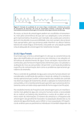 43planejamento de amostragem
Às vezes, os locais de amostragem podem ser escolhidos erroneamen-
te, mais pela conveniência do que por sua adaptação a uma amostra-
gem representativa. As pontes, por exemplo, são usadas para amostra-
gem em rios devido à sua acessibilidade, mas nem sempre são os locais
mais apropriados, pois sua presença pode interferir ou alterar fatores
básicos do corpo d’água. Entretanto, esta pode ser uma opção quando
o local adequado de amostragem for totalmente inviável.
2.1.5.2 Água Tratada
O princípio que orienta a amostragem é o de que as características da
água são modificadas em seu percurso nos sistemas e nas soluções al-
ternativas de abastecimento de água. Essas variações necessitam ser
conhecidas, pois fornecem importantes elementos para: (1) subsidiar a
avaliação do risco ao consumidor; (2) permitir a correção do problema
específico de contaminação, bem como os problemas operacionais ge-
radores da anomalia.
Para o controle de qualidade da água para consumo humano devem ser
considerados na definição dos pontos e locais de coleta: (i) o monitora-
mento operacional para avaliar o desempenho das medidas de controle
nas diversas etapas de tratamento, desde a captação no manancial até o
consumidor, e (ii) o monitoramento para garantir que o processo de tra-
tamento como um todo esteja operando de forma segura (verificação).
No estabelecimento da frequência de amostragem para um monitora-
mento mais global da água de consumo humano existe a necessidade
de se realizar um balanço dos benefícios e custos de se obter um nú-
mero maior de informações. O número de amostras e a frequência de
amostragem são geralmente baseados na população abastecida ou no
volume de água distribuído, para refletir o risco à população. A frequên-
cia de análises para os parâmetros individuais irá também depender da
Figura 5. Variação da qualidade de um corpo d’água considerando a distância do ponto
de lançamento de descarga: (A) Local de amostragem próximo à descarga; (B) Posição
intermediária do local de amostragem; (C) Local de amostragem distante da descarga.
 