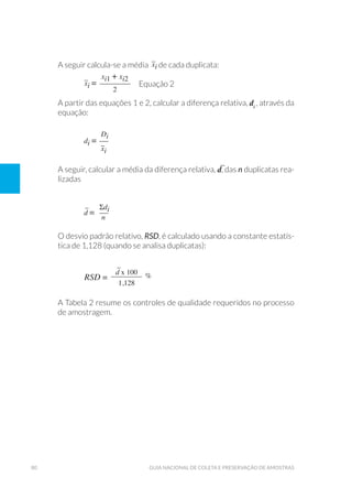 80 Guia Nacional De Coleta E Preservação De Amostras
A seguir calcula-se a média de cada duplicata:
	
Equação 2
A partir das equações 1 e 2, calcular a diferença relativa, di
, através da
equação:
	
A seguir, calcular a média da diferença relativa, d, das n duplicatas rea-
lizadas
	
O desvio padrão relativo, RSD, é calculado usando a constante estatís-
tica de 1,128 (quando se analisa duplicatas):
	
	
A Tabela 2 resume os controles de qualidade requeridos no processo
de amostragem.
 