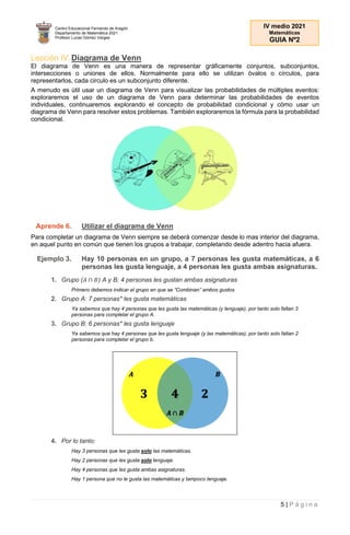 Centro Educacional Fernando de Aragón
Departamento de Matemática 2021
Profesor Lucas Gómez Vargas
IV medio 2021
Matemáticas
GUIA Nº2
5 | P á g i n a
Lección IV.Diagrama de Venn
El diagrama de Venn es una manera de representar gráficamente conjuntos, subconjuntos,
intersecciones o uniones de ellos. Normalmente para ello se utilizan óvalos o círculos, para
representarlos, cada circulo es un subconjunto diferente.
A menudo es útil usar un diagrama de Venn para visualizar las probabilidades de múltiples eventos:
exploraremos el uso de un diagrama de Venn para determinar las probabilidades de eventos
individuales, continuaremos explorando el concepto de probabilidad condicional y cómo usar un
diagrama de Venn para resolver estos problemas. También exploraremos la fórmula para la probabilidad
condicional.
Aprende 6. Utilizar el diagrama de Venn
Para completar un diagrama de Venn siempre se deberá comenzar desde lo mas interior del diagrama,
en aquel punto en común que tienen los grupos a trabajar, completando desde adentro hacia afuera.
Ejemplo 3. Hay 10 personas en un grupo, a 7 personas les gusta matemáticas, a 6
personas les gusta lenguaje, a 4 personas les gusta ambas asignaturas.
1. Grupo (𝐴 ∩ 𝐵) A y B: 4 personas les gustan ambas asignaturas
Primero debemos indicar el grupo en que se “Combinan” ambos gustos
2. Grupo A: 7 personas* les gusta matemáticas
Ya sabemos que hay 4 personas que les gusta las matemáticas (y lenguaje), por tanto solo faltan 3
personas para completar el grupo A.
3. Grupo B: 6 personas* les gusta lenguaje
Ya sabemos que hay 4 personas que les gusta lenguaje (y las matemáticas), por tanto solo faltan 2
personas para completar el grupo b.
4. Por lo tanto:
Hay 3 personas que les gusta solo las matemáticas.
Hay 2 personas que les gusta solo lenguaje.
Hay 4 personas que les gusta ambas asignaturas.
Hay 1 persona que no le gusta las matemáticas y tampoco lenguaje.
 