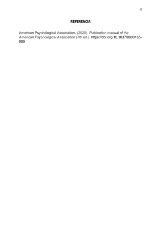 57
REFERENCIA
American Psychological Association. (2020). Publication manual of the
American Psychological Association (7t...