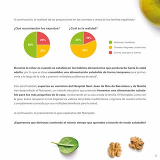 3
A continuación, la realidad de las proporciones en las comidas y cenas de las familias españolas4
:
Durante la niñez es ...