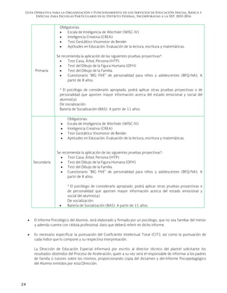 Guía Operativa para la Organización y Funcionamiento de los Servicios de Educación Inicial, Básica y
Especial para Escuelas Particulares en el Distrito Federal, Incorporadas a la SEP. 2015-2016
24
Primaria
Obligatorias:
 Escala de Inteligencia de Wechsler (WISC-IV)
 Inteligencia Creativa (CREA)
 Test Gestáltico Visomotor de Bender
 Aptitudes en Educación. Evaluación de la lectura, escritura y matemáticas.
Se recomienda la aplicación de las siguientes pruebas proyectivas*:
 Test Casa, Árbol, Persona (HTP)
 Test del Dibujo de la Figura Humana (DFH)
 Test del Dibujo de la Familia.
 Cuestionario “BIG FIVE” de personalidad para niños y adolescentes (BFQ-NA). A
partir de 8 años.
* El psicólogo de considerarlo apropiado, podrá aplicar otras pruebas proyectivas o de
personalidad que aporten mayor información acerca del estado emocional y social del
alumno(a).
De socialización:
Batería de Socialización (BAS). A partir de 11 años.
Secundaria
Obligatorias:
 Escala de Inteligencia de Wechsler (WISC-IV)
 Inteligencia Creativa (CREA)
 Test Gestáltico Visomotor de Bender
 Aptitudes en Educación. Evaluación de la lectura, escritura y matemáticas.
Se recomienda la aplicación de las siguientes pruebas proyectivas*:
 Test Casa, Árbol, Persona (HTP)
 Test del Dibujo de la Figura Humana (DFH)
 Test del Dibujo de la Familia.
 Cuestionario “BIG FIVE” de personalidad para niños y adolescentes (BFQ-NA). A
partir de 8 años.
* El psicólogo de considerarlo apropiado, podrá aplicar otras pruebas proyectivas o
de personalidad que aporten mayor información acerca del estado emocional y
social del alumno(a).
De socialización:
 Batería de Socialización (BAS). A partir de 11 años.
 El Informe Psicológico del Alumno, será elaborado y firmado por un psicólogo, que no sea familiar del menor
y además cuente con cédula profesional, dato que deberá referir en dicho informe.
 Es necesario especificar la puntuación del Coeficiente Intelectual Total (CIT), así como la puntuación de
cada índice que lo compone y su respectiva interpretación.
La Dirección de Educación Especial informará por escrito al director técnico del plantel solicitante los
resultados obtenidos del Proceso de Aceleración, quien a su vez será el responsable de informar a los padres
de familia o tutores sobre los mismos, proporcionando copia del dictamen y del Informe Psicopedagógico
del Alumno emitidos por esta Dirección.
 