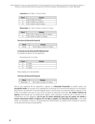 Guía Operativa para la Organización y Funcionamiento de los Servicios de Educación Inicial, Básica y
Especial para Escuelas Particulares en el Distrito Federal, Incorporadas a la SEP. 2015-2016
28
Lactantes de 43 días a 1 año 6 meses
Nivel Edades
I De 43 días a 6 meses
II De 7 meses a 11 meses
III De 1 año a 1 año 6 meses
Maternales de 1 año 7 meses a 2 años 11 meses
Nivel Edades
I De 1 año 7 meses a 1 año 11 meses
II De 2 años a 2 años 11 meses
Servicios de Educación Especial
Nivel Edades
Inicial De 45 días a 2 años 11 meses
b) ESCUELAS DE EDUCACIÓN PREESCOLAR
Las edades de ingreso son las siguientes:
Preescolares de 3 a 5 años
Grado Edades
1° 3 años
2° 4 años
3° 5 años
Nota: Edades al 31 de diciembre
Servicios de Educación Especial
Nivel Edades
Preescolar De 3 años a 5 años 11 meses
Para el caso específico de los aspirantes a ingresar a la Educación Preescolar es posible realizar una
inscripción tardía, de acuerdo con lo señalado por las Normas de Control Escolar Relativas a la Inscripción,
Reinscripción, Acreditación, Promoción Regularización y Certificación en la Educación Básica vigentes. En las
cuales se establece que para el caso de las escuelas de educación preescolar, las edades mínimas de
ingreso determinadas por las disposiciones legales, están asociadas al ejercicio de un derecho y no al
cumplimiento de una obligación, por lo que no existe obstáculo para que los padres de familia o
tutores determinen diferir el ingreso de sus hijos o pupilos a la educación preescolar, a una edad
mayor a la señalada, o incluso, a un grado educativo determinado. Las edades serán tomadas en cuenta al
31 de diciembre del año correspondiente.
 
