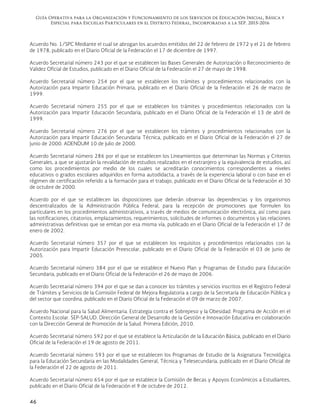 Guía Operativa para la Organización y Funcionamiento de los Servicios de Educación Inicial, Básica y
Especial para Escuelas Particulares en el Distrito Federal, Incorporadas a la SEP. 2015-2016
46
Acuerdo No. 1/SPC Mediante el cual se abrogan los acuerdos emitidos del 22 de febrero de 1972 y el 21 de febrero
de 1978, publicado en el Diario Oficial de la Federación el 17 de diciembre de 1997.
Acuerdo Secretarial número 243 por el que se establecen las Bases Generales de Autorización o Reconocimiento de
Validez Oficial de Estudios, publicado en el Diario Oficial de la Federación el 27 de mayo de 1998.
Acuerdo Secretarial número 254 por el que se establecen los trámites y procedimientos relacionados con la
Autorización para Impartir Educación Primaria, publicado en el Diario Oficial de la Federación el 26 de marzo de
1999.
Acuerdo Secretarial número 255 por el que se establecen los trámites y procedimientos relacionados con la
Autorización para Impartir Educación Secundaria, publicado en el Diario Oficial de la Federación el 13 de abril de
1999.
Acuerdo Secretarial número 276 por el que se establecen los trámites y procedimientos relacionados con la
Autorización para Impartir Educación Secundaria Técnica, publicado en el Diario Oficial de la Federación el 27 de
junio de 2000. ADENDUM 10 de julio de 2000.
Acuerdo Secretarial número 286 por el que se establecen los Lineamientos que determinan las Normas y Criterios
Generales, a que se ajustarán la revalidación de estudios realizados en el extranjero y la equivalencia de estudios, así
como los procedimientos por medio de los cuales se acreditarán conocimientos correspondientes a niveles
educativos o grados escolares adquiridos en forma autodidacta, a través de la experiencia laboral o con base en el
régimen de certificación referido a la formación para el trabajo, publicado en el Diario Oficial de la Federación el 30
de octubre de 2000.
Acuerdo por el que se establecen las disposiciones que deberán observar las dependencias y los organismos
descentralizados de la Administración Pública Federal, para la recepción de promociones que formulen los
particulares en los procedimientos administrativos, a través de medios de comunicación electrónica, así como para
las notificaciones, citatorios, emplazamientos, requerimientos, solicitudes de informes o documentos y las relaciones
administrativas definitivas que se emitan por esa misma vía, publicado en el Diario Oficial de la Federación el 17 de
enero de 2002.
Acuerdo Secretarial número 357 por el que se establecen los requisitos y procedimientos relacionados con la
Autorización para Impartir Educación Preescolar, publicado en el Diario Oficial de la Federación el 03 de junio de
2005.
Acuerdo Secretarial número 384 por el que se establece el Nuevo Plan y Programas de Estudio para Educación
Secundaria, publicado en el Diario Oficial de la Federación el 26 de mayo de 2006.
Acuerdo Secretarial número 394 por el que se dan a conocer los trámites y servicios inscritos en el Registro Federal
de Trámites y Servicios de la Comisión Federal de Mejora Regulatoria a cargo de la Secretaría de Educación Pública y
del sector que coordina, publicado en el Diario Oficial de la Federación el 09 de marzo de 2007.
Acuerdo Nacional para la Salud Alimentaria. Estrategia contra el Sobrepeso y la Obesidad. Programa de Acción en el
Contexto Escolar. SEP-SALUD. Dirección General de Desarrollo de la Gestión e Innovación Educativa en colaboración
con la Dirección General de Promoción de la Salud. Primera Edición, 2010.
Acuerdo Secretarial número 592 por el que se establece la Articulación de la Educación Básica, publicado en el Diario
Oficial de la Federación el 19 de agosto de 2011.
Acuerdo Secretarial número 593 por el que se establecen los Programas de Estudio de la Asignatura Tecnológica
para la Educación Secundaria en las Modalidades General, Técnica y Telesecundaria, publicado en el Diario Oficial de
la Federación el 22 de agosto de 2011.
Acuerdo Secretarial número 654 por el que se establece la Comisión de Becas y Apoyos Económicos a Estudiantes,
publicado en el Diario Oficial de la Federación el 9 de octubre de 2012.
 