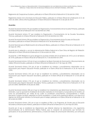 Guía Operativa para la Organización y Funcionamiento de los Servicios de Educación Inicial, Básica,
Especial y para Adultos de Escuelas Públicas en el Distrito Federal. 2015-2016
112
Reglamento de Cooperativas Escolares, publicado en el Diario Oficial de la Federación el 23 de abril de 1982.
Reglamento Interior de la Secretaría de Educación Pública, publicado en el Diario Oficial de la Federación el 21 de
enero de 2005. Última reforma publicada en el Diario Oficial de la Federación el 23 de julio de 2014.
Acuerdos
Acuerdo Secretarial número 96 que establece la Organización y Funcionamiento de las Escuelas Primarias, publicado
en el Diario Oficial de la Federación el 07 de diciembre de 1982.
Acuerdo Secretarial número 97 que establece la Organización y Funcionamiento de las Escuelas Secundarias
Técnicas, publicado en el Diario Oficial de la Federación el 03 de diciembre de 1982.
Acuerdo Secretarial número 98 que establece la Organización y Funcionamiento de las Escuelas de Educación
Secundaria, publicado en el Diario Oficial de la Federación el 07 de diciembre de 1982.
Acuerdo Nacional para la Modernización de la Educación Básica, publicado en el Diario Oficial de la Federación el 19
de mayo de 1992.
Acuerdo para la adopción y uso por la Administración Pública Federal de la Clave Única de Registro de Población.
Publicado en el Diario Oficial de la Federación el 23 de octubre de 1996.
Acuerdo No. 1/SPC Mediante el cual se abrogan los acuerdos emitidos del 22 de febrero de 1972 y el 21 de febrero
de 1978, publicado en el Diario Oficial de la Federación el 17 de diciembre de 1997.
Acuerdo Secretarial número 243 por el que se establecen las Bases Generales de Autorización o Reconocimiento de
Validez Oficial de Estudios, publicado en el Diario Oficial de la Federación el 27 de mayo de 1998.
Acuerdo Secretarial número 254 por el que se establecen los trámites y procedimientos relacionados con la
Autorización para Impartir Educación Primaria, publicado en el Diario Oficial de la Federación el 26 de marzo de
1999.
Acuerdo Secretarial número 255 por el que se establecen los trámites y procedimientos relacionados con la
Autorización para Impartir Educación Secundaria, publicado en el Diario Oficial de la Federación el 13 de abril de
1999.
Acuerdo Secretarial número 276 por el que se establecen los trámites y procedimientos relacionados con la
Autorización para Impartir Educación Secundaria Técnica, publicado en el Diario Oficial de la Federación el 27 de
junio de 2000. ADENDUM 10 de julio de 2000.
Acuerdo Secretarial número 286 por el que se establecen los Lineamientos que determinan las Normas y Criterios
Generales, a que se ajustarán la revalidación de estudios realizados en el extranjero y la equivalencia de estudios, así
como los procedimientos por medio de los cuales se acreditarán conocimientos correspondientes a niveles
educativos o grados escolares adquiridos en forma autodidacta, a través de la experiencia laboral o con base en el
régimen de certificación referido a la formación para el trabajo, publicado en el Diario Oficial de la Federación el 30
de octubre de 2000.
Acuerdo Secretarial número 295 por el que se establece el Plan y los Programas de Estudio para la Educación
Secundaria a Distancia para Adultos, publicado en el Diario Oficial de la Federación el 21 de mayo de 2001.
Acuerdo por el que se establecen las disposiciones que deberán observar las dependencias y los organismos
descentralizados de la Administración Pública Federal, para la recepción de promociones que formulen los
particulares en los procedimientos administrativos, a través de medios de comunicación electrónica, así como para
 