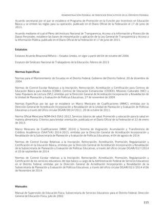 Administración Federal de Servicios Educativos en el Distrito Federal
115
Acuerdo secretarial por el que se establece el Programa de Promoción en la Función por Incentivos en Educación
Básica y se emiten las reglas para su operación, publicado en el Diario Oficial de la Federación el 17 de junio de
2015.
Acuerdo mediante el cual el Pleno del Instituto Nacional de Transparencia, Acceso a la Información y Protección de
Datos Personales, establece las bases de interpretación y aplicación de la Ley General de Transparencia y Acceso a
la Información Pública, publicado en el Diario Oficial de la Federación el 17 de junio de 2015.
Estatutos
Estatuto Acuerdo Binacional México – Estados Unidos, en vigor a partir del 04 de octubre del 2006.
Estatuto del Sindicato Nacional de Trabajadores de la Educación, febrero de 2013.
Normas Específicas
Normas para el Mantenimiento de Escuelas en el Distrito Federal, Gobierno del Distrito Federal, 20 de diciembre de
2004.
Normas de Control Escolar Relativas a la Inscripción, Reinscripción, Acreditación y Certificación para Centros de
Educación Básica para Adultos (CEBA), Centros de Educación Extraescolar (CEDEX), Misiones Culturales (MC) y
Salas Populares de Lectura (SPL), emitidas por la Dirección General de Acreditación Incorporación y Revalidación de
la Unidad de Planeación y Evaluación de Políticas Educativas, 27 de noviembre de 2009.
Normas Específicas por las que se establece un Marco Mexicano de Cualificaciones (MMC), emitidas por la
Dirección General de Acreditación Incorporación y Revalidación de la Unidad de Planeación y Evaluación de Políticas
Educativas a través del oficio circular DGAIR/0014/2011, 20 de octubre de 2011.
Norma Oficial Mexicana NOM-043-SSA2-2012, Servicios básicos de salud. Promoción y educación para la salud en
materia alimentaria. Criterios para brindar orientación, publicada en el Diario Oficial de la Federación el 22 de enero
de 2013.
Marco Mexicano de Cualificaciones (MMC 2014) y Sistema de Asignación, Acumulación y Transferencia de
Créditos Académicos (SAATVA) 2014-2015, emitidas por la Dirección General de Acreditación Incorporación y
Revalidación de la Subsecretaría de Planeación y Evaluación de Políticas Educativas, el 04 de agosto de 2014.
Normas de Control Escolar Relativas a la Inscripción, Reinscripción, Acreditación, Promoción, Regularización y
Certificación en la Educación Básica, emitidas por la Dirección General de Acreditación Incorporación y Revalidación
de la Subsecretaría de Planeación y Evaluación de Políticas Educativas, a través del oficio circular DGAIR/017/2014
el 10 de septiembre de 2014.
Normas de Control Escolar relativas a la Inscripción, Reinscripción, Acreditación, Promoción, Regularización y
Certificación de los servicios educativos del tipo básico a cargo de la Administración Federal de Servicios Educativos
en el Distrito Federal, emitidas por la Dirección General de Acreditación Incorporación y Revalidación de la
Subsecretaría de Planeación y Evaluación de Políticas Educativas, a través del oficio circular DGAIR/021/2014 el 06
de Noviembre de 2014.
Manuales
Manual de Supervisión de Educación Física, Subsecretaría de Servicios Educativos para el Distrito Federal, Dirección
General de Educación Física, julio de 2002.
 