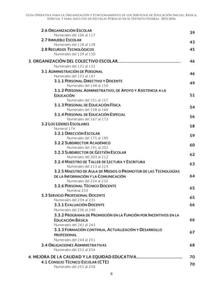 Guía Operativa para la Organización y Funcionamiento de los Servicios de Educación Inicial, Básica,
Especial y para Adultos de Escuelas Públicas en el Distrito Federal. 2015-2016
II 
 
2.6 ORGANIZACIÓN ESCOLAR
Numerales del 106 al 117
39
2.7 INMUEBLE ESCOLAR
Numerales del 118 al 128
43
2.8 RECURSOS TECNOLÓGICOS 45
Numerales del 129 al 130
3. ORGANIZACIÓN DEL COLECTIVO ESCOLAR.…………………………………………………….. 46
Numerales del 131 al 132
3.1 ADMINISTRACIÓN DE PERSONAL
Numerales del 133 al 147
46
3.1.1 PERSONAL DIRECTIVO Y DOCENTE
Numerales del 148 al 150
49
3.1.2 PERSONAL ADMINISTRATIVO, DE APOYO Y ASISTENCIA A LA
EDUCACIÓN
Numerales del 151 al 157
51
3.1.3 PERSONAL DE EDUCACIÓN FÍSICA
Numerales del 158 al 166
54
3.1.4 PERSONAL DE EDUCACIÓN ESPECIAL
Numerales del 167 al 173
56
3.2 LOS LÍDERES ESCOLARES
Numeral 174
58
3.2.1 DIRECCIÓN ESCOLAR
Numerales del 175 al 190
59
3.2.2 SUBDIRECTOR ACADÉMICO
Numerales del 191 al 202
60
3.2.3 SUBDIRECTOR DE GESTIÓN ESCOLAR
Numerales del 203 al 212
62
3.2.4 MAESTRO DE TALLER DE LECTURA Y ESCRITURA
Numerales del 213 al 223
63
3.2.5 MAESTRO DE AULA DE MEDIOS O PROMOTOR DE LAS TECNOLOGÍAS
DE LA INFORMACIÓN Y LA COMUNICACIÓN
Numerales del 224 al 232
64
3.2.6 PERSONAL TÉCNICO DOCENTE
Numeral 233
65
3.3 SERVICIO PROFESIONAL DOCENTE
Numerales del 234 al 235
65
3.3.1 EVALUACIÓN DOCENTE 66
Numerales del 236 al 240
3.3.2 PROGRAMA DE PROMOCIÓN EN LA FUNCIÓN POR INCENTIVOS EN LA
EDUCACIÓN BÁSICA
Numerales del 241 al 243
66
3.3.3 FORMACIÓN CONTINUA, ACTUALIZACIÓN Y DESARROLLO
PROFESIONAL
67
Numerales del 244 al 251
3.4 OBLIGACIONES ADMINISTRATIVAS 68
Numerales del 252 al 254
4. MEJORA DE LA CALIDAD Y LA EQUIDAD EDUCATIVA………………………....…………… 70
4.1 CONSEJO TÉCNICO ESCOLAR (CTE)
Numerales del 255 al 258
70
 