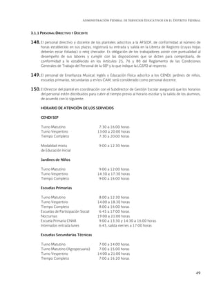 Administración Federal de Servicios Educativos en el Distrito Federal
49
3.1.1 PERSONAL DIRECTIVO Y DOCENTE
148. El personal directivo y docente de los planteles adscritos a la AFSEDF, de conformidad al número de
horas establecido en sus plazas, registrará su entrada y salida en la Libreta de Registro (cuyas hojas
deberán estar foliadas) o reloj checador. Es obligación de los trabajadores asistir con puntualidad al
desempeño de sus labores y cumplir con las disposiciones que se dicten para comprobarla, de
conformidad a lo establecido en los Artículos 25, 76 y 80 del Reglamento de las Condiciones
Generales de Trabajo del Personal de la SEP y lo que indique la LGSPD al respecto.
149. El personal de Enseñanza Musical, Inglés y Educación Física adscrito a los CENDI, jardines de niños,
escuelas primarias, secundarias y en los CAM, será considerado como personal docente.
150. El Director del plantel en coordinación con el Subdirector de Gestión Escolar asegurará que los horarios
del personal estén distribuidos para cubrir el tiempo previo al horario escolar y la salida de los alumnos,
de acuerdo con lo siguiente:
HORARIO DE ATENCIÓN DE LOS SERVICIOS
CENDI SEP
Turno Matutino 7:30 a 16:00 horas
Turno Vespertino 13:00 a 20:00 horas
Tiempo Completo 7:30 a 20:00 horas
Modalidad mixta 9:00 a 12:30 horas
de Educación Inicial
Jardines de Niños
Turno Matutino 9:00 a 12:00 horas
Turno Vespertino 14:30 a 17:30 horas
Tiempo Completo 9:00 a 16:00 horas
Escuelas Primarias
Turno Matutino 8:00 a 12:30 horas
Turno Vespertino 14:00 a 18:30 horas
Tiempo Completo 8:00 a 16:00 horas
Escuelas de Participación Social 6:45 a 17:00 horas
Nocturnas 19:00 a 21:00 horas
Escuela Primaria CNAR 9:00 a 13:30 y 14:30 a 16:00 horas
Internados entrada lunes 6:45, salida viernes a 17:00 horas
Escuelas Secundarias Técnicas
Turno Matutino 7:00 a 14:00 horas
Turno Matutino (Agropecuaria) 7:00 a 15:00 horas
Turno Vespertino 14:00 a 21:00 horas
Tiempo Completo 7:00 a 16:20 horas
 