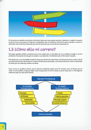 12
En los próximos capítulos encontrarás información básica para que puedas acercarte, reflexionar y analizar la situación
actual en la que te encuentras. El ejercicio autoaplicativo que te brindamos al final de la guía te ayudará a conocer y
desarrollar el procedimiento adecuado para que las decisiones que tomes sean las mejores para ti.
1.3 ¿Cómo elijo mi carrera?
Para lograr aquellos anhelos y proyectos que te has trazado para tu vida debes ser muy cuidadoso al elegir tu carrera
profesional. El propósito de esta guía es ayudarte a que elijas bien, brindándote toda la información necesaria.
Para decidir por una carrera debes considerar dos grupos de factores importantes: Los Factores Internos, es decir, todo lo
que esté directamente relacionado con nuestras características personales, y los Factores Externos, todo lo relacionado
al mundo que nos rodea que también nos afecta.
Como vemos en el gráfico anterior, para la elección profesional analizo tanto Mi vocación como el Mundo que me
rodea; en otras palabras, tengo que elegir lo que me gusta pero al mismo tiempo lo que es mejor para mí. Para lograrlo,
analicemos paso por paso estos factores.
 