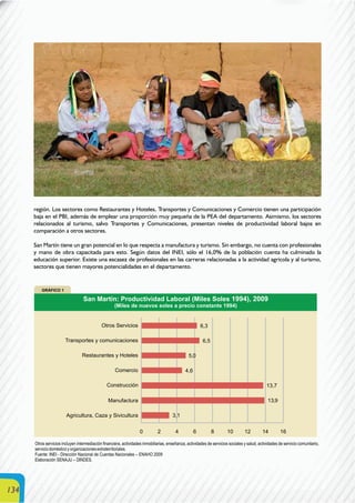 134
Otros servicios incluyen intermediación financiera, actividades inmobiliarias, enseñanza, actividades de servicios sociales y salud, actividades de servicio comunitario,
serviciodomésticoyorganizacionesextraterritoriales.
Fuente: INEI - Dirección Nacional de Cuentas Nacionales – ENAHO 2009
Elaboración SENAJU – DINDES.
región. Los sectores como Restaurantes y Hoteles, Transportes y Comunicaciones y Comercio tienen una participación
baja en el PBI, además de emplear una proporción muy pequeña de la PEA del departamento. Asimismo, los sectores
relacionados al turismo, salvo Transportes y Comunicaciones, presentan niveles de productividad laboral bajos en
comparación a otros sectores.
San Martín tiene un gran potencial en lo que respecta a manufactura y turismo. Sin embargo, no cuenta con profesionales
y mano de obra capacitada para esto. Según datos del INEI, sólo el 16,0% de la población cuenta ha culminado la
educación superior. Existe una escasez de profesionales en las carreras relacionadas a la actividad agrícola y al turismo,
sectores que tienen mayores potencialidades en el departamento.
 