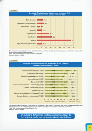 39
1/ La definición de sector formal incluye a todos aquellos que no trabajan en el sector informal. La definición de sector informal incluye a trabajadores del hogar,
trabajadoresfamiliaresnoremunerados,trabajadoresenempresasdemenosde5trabajadoresytrabajadoresindependientesnoprofesionales.
Fuente: INEI - Encuesta Nacional de Hogares (ENAHO), 2009.
Elaboración SENAJU – DINDES.
Otros servicios incluyen intermediación financiera, actividades inmobiliarias, enseñanza, actividades de servicios sociales y salud, actividades de servicio comunitario,
serviciodomésticoyorganizacionesextraterritoriales.
Fuente: INEI - Dirección Nacional de Cuentas Nacionales – ENAHO 2009
Elaboración SENAJU – DINDES.
En el glosario de términos puedes encontrar la relación de
carreras que conforman los grupos más representativos.
 