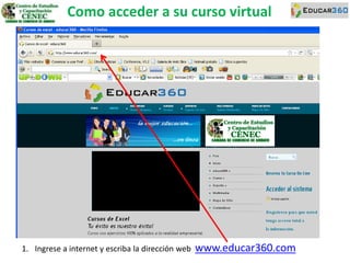 Como acceder a su curso virtual




1. Ingrese a internet y escriba la dirección web   www.educar360.com
 