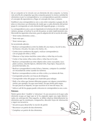 DISTRIBUCIÓNGRATUITA-PROHIBIDALAVENTA
15
de un conjunto se lo vincula con un elemento de otro conjunto. La forma
más sencilla de comprobar que dos conjuntos poseen la misma cantidad de
elementos es por la correspondencia. La correspondencia permite construir
el concepto de equivalencia y llegar al concepto de clase y número.
Establecer una correspondencia uno a uno entre conjuntos o grupos de ob-
jetos es relacionar sus elementos de modo que a cada elemento del primer
grupo le corresponda un solo elemento del segundo grupo, y viceversa.
La correspondencia uno a uno es importante en la formación del concepto de
número, porque, al realizar la acción de parear, se están implícitamente esta-
bleciendo las siguientes relaciones, para la adquisición de la noción de orden.
* Tener tantos elementos como…
* Tener más que…
* Tener menos que…
Se recomienda además:
* Realizar correspondencia entre los dedos de una mano y los de la otra,
los brazos y los pies, los ojos y las manos, etc.
* Confeccionar sombreros de papel y realizar correspondencia
con un grupo de niños y niñas.
* Observar si hay tantas mochilas como niños y niñas hay en la sala.
* Contar si hay tantas sillas como niños y niñas hay en la sala.
* Realizar correspondencias entre objetos tales como: taza-plato, taza-
plato-cuchara, estuche-lápices, delantal-niño, hoja-lápiz, hoja-pincel,
pizarrón-borrador, etc.
* Realizar correspondencia entre fichas y botones, comparar la cantidad
sin necesidad de contar usando los números.
* Realizar correspondencia entre un niño o niña y su número de lista.
* Corresponder pinceles con frascos de témperas.
* Corresponder niños del grupo con materiales para trabajar.
* Pedir a los niños que formen diferentes grupos con alguna característica
similar, por ejemplo: los que usan lentes, los que tienen pelo negro,
los que practican deporte, los que nacieron en el mes de mayo, etc.
* Indicar cuál de los grupos puede colocarse en correspondencia uno a uno.
Patrones
Patrón quiere decir ‘modelo’ o ‘estructura’. Es una secuencia en la que cada
elemento ocupa un lugar que se le ha asignado según una regla determi-
nada con anticipación. Para seguirlo, se deben observar detenidamente los
elementos que la constituyen, compararlos, descubrir leyes de información
y seguir esa secuencia.
* Secuencia para desarrollar la noción de patrón
* Reconocer un patrón de dos elementos.
* Completar un patrón de dos elementos.
bleciendo las siguientes relaciones, para la adquisición de la noción de orden.
 