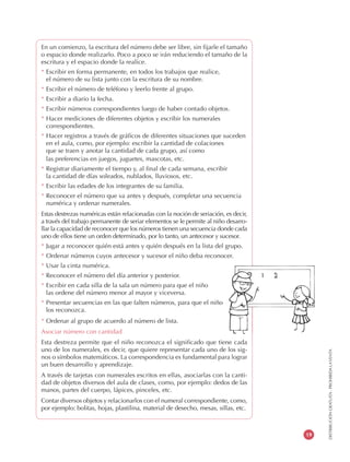 DISTRIBUCIÓNGRATUITA-PROHIBIDALAVENTA
19
En un comienzo, la escritura del número debe ser libre, sin fijarle el tamaño
o espacio donde realizarlo. Poco a poco se irán reduciendo el tamaño de la
escritura y el espacio donde la realice.
* Escribir en forma permanente, en todos los trabajos que realice,
el número de su lista junto con la escritura de su nombre.
* Escribir el número de teléfono y leerlo frente al grupo.
* Escribir a diario la fecha.
* Escribir números correspondientes luego de haber contado objetos.
* Hacer mediciones de diferentes objetos y escribir los numerales
correspondientes.
* Hacer registros a través de gráficos de diferentes situaciones que suceden
en el aula, como, por ejemplo: escribir la cantidad de colaciones
que se traen y anotar la cantidad de cada grupo, así como
las preferencias en juegos, juguetes, mascotas, etc.
* Registrar diariamente el tiempo y, al final de cada semana, escribir
la cantidad de días soleados, nublados, lluviosos, etc.
* Escribir las edades de los integrantes de su familia.
* Reconocer el número que va antes y después, completar una secuencia
numérica y ordenar numerales.
Estas destrezas numéricas están relacionadas con la noción de seriación, es decir,
a través del trabajo permanente de seriar elementos se le permite al niño desarro-
llar la capacidad de reconocer que los números tienen una secuencia donde cada
uno de ellos tiene un orden determinado, por lo tanto, un antecesor y sucesor.
* Jugar a reconocer quién está antes y quién después en la lista del grupo.
* Ordenar números cuyos antecesor y sucesor el niño deba reconocer.
* Usar la cinta numérica.
* Reconocer el número del día anterior y posterior.
* Escribir en cada silla de la sala un número para que el niño
las ordene del número menor al mayor y viceversa.
* Presentar secuencias en las que falten números, para que el niño
los reconozca.
* Ordenar al grupo de acuerdo al número de lista.
Asociar número con cantidad
Esta destreza permite que el niño reconozca el significado que tiene cada
uno de los numerales, es decir, que quiere representar cada uno de los sig-
nos o símbolos matemáticos. La correspondencia es fundamental para lograr
un buen desarrollo y aprendizaje.
A través de tarjetas con numerales escritos en ellas, asociarlas con la canti-
dad de objetos diversos del aula de clases, como, por ejemplo: dedos de las
manos, partes del cuerpo, lápices, pinceles, etc.
Contar diversos objetos y relacionarlos con el numeral correspondiente, como,
por ejemplo: bolitas, hojas, plastilina, material de desecho, mesas, sillas, etc.
 