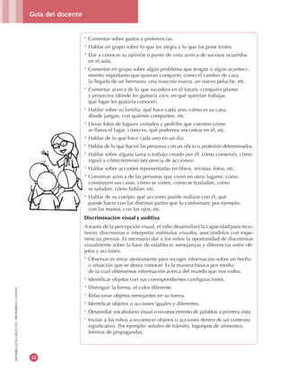 Guía del docente
22
DISTRIBUCIÓNGRATUITA-PROHIBIDALAVENTA
* Comentar sobre gustos y preferencias.
* Hablar en grupo sobre lo que les alegra y lo que los pone tristes.
* Dar a conocer su opinión o punto de vista acerca de sucesos ocurridos
en el aula.
* Comentar en grupo sobre algún problema que tengan o algún aconteci-
miento importante que quieran compartir, como el cambio de casa,
la llegada de un hermano, una mascota nueva, un nuevo peluche, etc.
* Comentar acerca de lo que sucederá en el futuro: compartir planes
y proyectos (dónde les gustaría vivir, en qué querrían trabajar,
qué lugar les gustaría conocer).
* Hablar sobre su familia: qué hace cada uno, cómo es su casa,
dónde juegan, con quiénes comparten, etc.
* Llevar fotos de lugares visitados y pedirles que cuenten cómo
se llama el lugar, cómo es, qué podemos encontrar en él, etc.
* Hablar de lo que hace cada uno en un día.
* Hablar de lo que hacen las personas con un oficio o profesión determinados.
* Hablar sobre alguna tarea o trabajo creado por él: cómo comenzó, cómo
siguió y cómo terminó (secuencia de acciones).
* Hablar sobre acciones representadas en libros, revistas, fotos, etc.
* Conversar acerca de las personas que viven en otros lugares: cómo
construyen sus casas, cómo se visten, cómo se trasladan, cómo
se saludan, cómo hablan, etc.
* Hablar de su cuerpo: qué acciones puede realizar con él, qué
puede hacer con las distintas partes que lo conforman; por ejemplo:
con las manos, con los ojos, etc.
Discriminación visual y auditiva
A través de la percepción visual, el niño desarrollará la capacidad para reco-
nocer, discriminar e interpretar estímulos visuales, asociándolos con expe-
riencias previas. Es necesario dar a los niños la oportunidad de discriminar
visualmente sobre la base de establecer semejanzas y diferencias entre ob-
jetos y acciones.
* Observar es mirar atentamente para recoger información sobre un hecho
o situación que se desea conocer. Es la manera básica por medio
de la cual obtenemos información acerca del mundo que nos rodea.
* Identificar objetos con sus correspondientes configuraciones.
* Distinguir la forma, el color diferente.
* Relacionar objetos semejantes en su forma.
* Identificar objetos o acciones iguales y diferentes.
* Desarrollar vocabulario visual o reconocimiento de palabras a primera vista.
* Invitar a los niños a reconocer objetos o acciones dentro de un contexto
significativo. Por ejemplo: señales de tránsito, logotipos de alimentos,
letreros de propagandas.
 