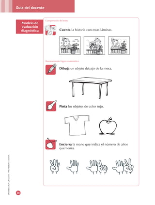 Guía del docente
38
DISTRIBUCIÓNGRATUITA-PROHIBIDALAVENTA
Modelo de
evaluación
diagnóstica
Comprensión del texto
Cuenta la historia con estas láminas.
Razonamiento lógico matemático
Dibuja un objeto debajo de la mesa.
Pinta los objetos de color rojo.
Encierra la mano que indica el número de años
que tienes.
Comprensión del texto
 