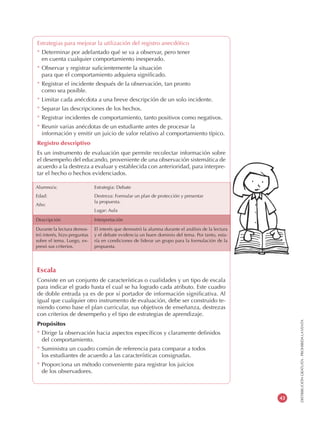 DISTRIBUCIÓNGRATUITA-PROHIBIDALAVENTA
43
Alumno/a:
Edad:
Año:
Estrategia: Debate
Destreza: Formular un plan de protección y presentar
la propuesta.
Lugar: Aula
Descripción Interpretación
Durante la lectura demos-
tró interés, hizo preguntas
sobre el tema. Luego, ex-
presó sus criterios.
El interés que demostró la alumna durante el análisis de la lectura
y el debate evidencia un buen dominio del tema. Por tanto, esta-
ría en condiciones de liderar un grupo para la formulación de la
propuesta.
Estrategias para mejorar la utilización del registro anecdótico
* Determinar por adelantado qué se va a observar, pero tener
en cuenta cualquier comportamiento inesperado.
* Observar y registrar suficientemente la situación
para que el comportamiento adquiera significado.
* Registrar el incidente después de la observación, tan pronto
como sea posible.
* Limitar cada anécdota a una breve descripción de un solo incidente.
* Separar las descripciones de los hechos.
* Registrar incidentes de comportamiento, tanto positivos como negativos.
* Reunir varias anécdotas de un estudiante antes de procesar la
información y emitir un juicio de valor relativo al comportamiento típico.
Registro descriptivo
Es un instrumento de evaluación que permite recolectar información sobre
el desempeño del educando, proveniente de una observación sistemática de
acuerdo a la destreza a evaluar y establecida con anterioridad, para interpre-
tar el hecho o hechos evidenciados.
Escala
Consiste en un conjunto de características o cualidades y un tipo de escala
para indicar el grado hasta el cual se ha logrado cada atributo. Este cuadro
de doble entrada ya es de por sí portador de información significativa. Al
igual que cualquier otro instrumento de evaluación, debe ser construido te-
niendo como base el plan curricular, sus objetivos de enseñanza, destrezas
con criterios de desempeño y el tipo de estrategias de aprendizaje.
Propósitos
* Dirige la observación hacia aspectos específicos y claramente definidos
del comportamiento.
* Suministra un cuadro común de referencia para comparar a todos
los estudiantes de acuerdo a las características consignadas.
* Proporciona un método conveniente para registrar los juicios
de los observadores.
 