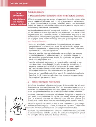 Guía del docente
6
DISTRIBUCIÓNGRATUITA-PROHIBIDALAVENTA
Eje de
aprendizaje:
Conocimiento
del mundo
natural y cultural
Componentes
1 Descubrimiento y comprensión del medio natural y cultural
El Currículo para primer año plantea la importancia de que los niños y niñas
tengan la oportunidad de descubrir y conocer activamente el medio natural,
y cultural desarrollando actitudes de curiosidad, respeto y de permanente
interés por aprender, adquiriendo habilidades que permitan ampliar su co-
nocimiento y comprensión de su entorno.
En el nivel de desarrollo de los niños y niñas de este año, su curiosidad e inte-
rés por conocer acerca de algunas situaciones, fenómenos y hechos de la vida
es permanente. Esta curiosidad, unida a su capacidad de preguntar, es una
fuente esencial para el aprendizaje y el descubrimiento de las formas de vida
de los grupos, de los acontecimientos y creaciones que son parte de ellos.
Para ello se recomienda:
* Proponer actividades y experiencias de aprendizaje que incorporen
preguntas sobre la vida cotidiana de los niños y las niñas y agregar otras
nuevas que completen la información y conocimiento acerca de variadas
realidades de la vida natural y cultural.
* Potenciar aquellos aspectos relacionados con su realidad que aportan
identidad, pertenencia e identificación, a su comunidad y valoración
de los diversos grupos humanos, formas de organizarse, sus aportes, sus
creaciones, objetos que usan.
* Ampliar su lenguaje y enriquecer su comunicación, a partir de lo que
van observando y descubriendo en calles, comercios, instituciones y
organizaciones de servicio público, instrumentos de trabajo, medios
de comunicación, viajes y medios audiovisuales, que les entregan
motivadoras situaciones para diferentes áreas del aprendizaje.
* Fomentar sus capacidades cognitivas, a partir del conocimiento del uso y
la aplicación de objetos, tecnologías y creaciones que se encuentran en
las situaciones que van conociendo.
2 Relaciones lógico-matemática
En infinitas situaciones informales de juego o de intercambio, los niños uti-
lizan números, tienen contacto con ellos. Frecuentemente saben contar, y
resuelven situaciones cotidianas utilizando «operaciones». Los niños, al ad-
quirir los aprendizajes matemáticos, desarrollan confianza en sí mismos.
Los niños deben estar activamente involucrados en ejercitar la Matemática
para interactuar con el mundo físico y con otros niños y adultos que los apo-
yen. Los materiales concretos son esenciales como base para los niños que
aún están en camino de desarrollar la habilidad de pensar en forma abstracta.
La actividad práctica es crucial cuando se hace «Matemática», y los compo-
nentes básicos del lenguaje —hablar, escuchar, leer y escribir— sirven como
vínculos necesarios entre la acción y la comprensión matemática.
Los niños valorarán la Matemática como una herramienta esencial cuando
la vean incorporada en todas las áreas del currículo donde puedan aplicar
los conceptos a través de rutinas diarias y cotidianas.
 