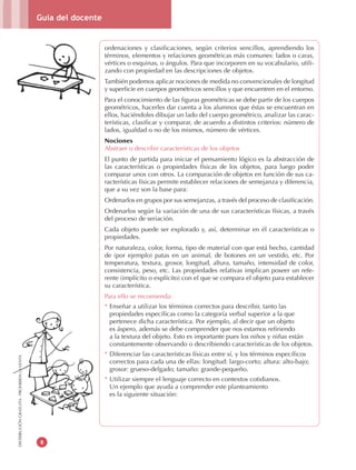 Guía del docente
8
DISTRIBUCIÓNGRATUITA-PROHIBIDALAVENTA
ordenaciones y clasificaciones, según criterios sencillos, aprendiendo los
términos, elementos y relaciones geométricas más comunes: lados o caras,
vértices o esquinas, o ángulos. Para que incorporen en su vocabulario, utili-
zando con propiedad en las descripciones de objetos.
También podemos aplicar nociones de medida no convencionales de longitud
y superficie en cuerpos geométricos sencillos y que encuentren en el entorno.
Para el conocimiento de las figuras geométricas se debe partir de los cuerpos
geométricos, hacerles dar cuenta a los alumnos que éstas se encuentran en
ellos, haciéndoles dibujar un lado del cuerpo geométrico, analizar las carac-
terísticas, clasificar y comparar, de acuerdo a distintos criterios: número de
lados, igualdad o no de los mismos, número de vértices.
Nociones
Abstraer o describir características de los objetos
El punto de partida para iniciar el pensamiento lógico es la abstracción de
las características o propiedades físicas de los objetos, para luego poder
comparar unos con otros. La comparación de objetos en función de sus ca-
racterísticas físicas permite establecer relaciones de semejanza y diferencia,
que a su vez son la base para:
Ordenarlos en grupos por sus semejanzas, a través del proceso de clasificación.
Ordenarlos según la variación de una de sus características físicas, a través
del proceso de seriación.
Cada objeto puede ser explorado y, así, determinar en él características o
propiedades.
Por naturaleza, color, forma, tipo de material con que está hecho, cantidad
de (por ejemplo) patas en un animal, de botones en un vestido, etc. Por
temperatura, textura, grosor, longitud, altura, tamaño, intensidad de color,
consistencia, peso, etc. Las propiedades relativas implican poseer un refe-
rente (implícito o explícito) con el que se compara el objeto para establecer
su característica.
Para ello se recomienda:
* Enseñar a utilizar los términos correctos para describir, tanto las
propiedades específicas como la categoría verbal superior a la que
pertenece dicha característica. Por ejemplo, al decir que un objeto
es áspero, además se debe comprender que nos estamos refiriendo
a la textura del objeto. Esto es importante pues los niños y niñas están
constantemente observando o describiendo características de los objetos.
* Diferenciar las características físicas entre sí, y los términos específicos
correctos para cada una de ellas: longitud: largo-corto; altura: alto-bajo;
grosor: grueso-delgado; tamaño: grande-pequeño.
* Utilizar siempre el lenguaje correcto en contextos cotidianos.
Un ejemplo que ayuda a comprender este planteamiento
es la siguiente situación:
DISTRIBUCIÓNGRATUITA-PROHIBIDALAVENTA
 