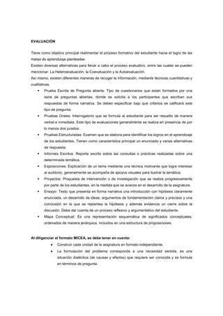 EVALUACIÓN
Tiene como objetivo principal realimentar el proceso formativo del estudiante hacia el logro de las
metas de aprendizaje planteadas.
Existen diversas alternativas para llevar a cabo el proceso evaluativo, entre las cuales se pueden
mencionar: La Heteroevaluación, la Coevaluación y la Autoevaluación.
Así mismo, existen diferentes maneras de recoger la información, mediante técnicas cuantitativas y
cualitativas.
Prueba Escrita de Pregunta abierta: Tipo de cuestionarios que están formados por una
serie de preguntas abiertas, donde se solicita a los participantes que escriban sus
respuestas de forma narrativa. Se deben especificar bajo qué criterios se calificará este
tipo de pregunta.
Pruebas Orales: Interrogatorio que se formula al estudiante para ser resuelto de manera
verbal e inmediata. Este tipo de evaluaciones generalmente se realiza en presencia de por
lo menos dos jurados.
Pruebas Estructuradas: Examen que se elabora para identificar los logros en el aprendizaje
de los estudiantes. Tienen como característica principal un enunciado y varias alternativas
de respuesta.
Informes Escritos: Reporte escrito sobre las consultas o prácticas realizadas sobre una
determinada temática.
Exposiciones: Explicación de un tema mediante una técnica motivante que logre interesar
al auditorio, generalmente se acompaña de apoyos visuales para ilustrar la temática.
Proyectos: Propuesta de intervención o de investigación que se realiza progresivamente
por parte de los estudiantes, en la medida que se avanza en el desarrollo de la asignatura.
Ensayo: Texto que presenta en forma narrativa una introducción con hipótesis claramente
enunciada, un desarrollo de ideas; argumentos de fundamentación claros y precisos y una
conclusión en la que se replantea la hipótesis y además evidencia un cierre sobre la
discusión. Debe dar cuenta de un proceso reflexivo y argumentativo del estudiante.
Mapa Conceptual: Es una representación esquemática de significados conceptuales,
ordenados de manera jerárquica, incluidos en una estructura de proposiciones.
Al diligenciar el formato MICEA, se debe tener en cuenta:
•••• Construir cada unidad de la asignatura en formato independiente.
•••• La formulación del problema corresponde a una necesidad sentida, es una
situación dialéctica (de causas y efectos) que requiere ser conocida y se formula
en términos de pregunta.
 