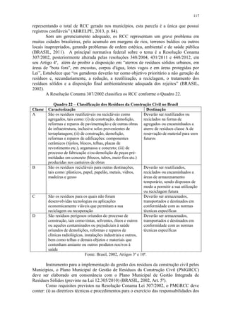117
representando o total de RCC gerado nos municípios, esta parcela é a única que possui
registros confiáveis” (ABRELPE, 2013, p. 84).
Sem um gerenciamento adequado, os RCC representam um grave problema em
muitas cidades brasileiras, pelo acumulo em margens de rios, terrenos baldios ou outros
locais inapropriados, gerando problemas de ordem estética, ambiental e de saúde pública
(BRASIL, 2011). A principal normativa federal sobre o tema é a Resolução Conama
307/2002, posteriormente alterada pelas resoluções 348/2004, 431/2011 e 448/2012, em
seu Artigo 4º, além de proibir a disposição em “aterros de resíduos sólidos urbanos, em
áreas de "bota fora", em encostas, corpos d'água, lotes vagos e em áreas protegidas por
Lei”, Estabelece que “os geradores deverão ter como objetivo prioritário a não geração de
resíduos e, secundariamente, a redução, a reutilização, a reciclagem, o tratamento dos
resíduos sólidos e a disposição final ambientalmente adequada dos rejeitos” (BRASIL,
2002).
A Resolução Conama 307/2002 classifica os RCC conforme o Quadro 22.
Quadro 22 – Classificação dos Resíduos da Construção Civil no Brasil
Classe Caracterização Destinação
A São os resíduos reutilizáveis ou recicláveis como
agregados, tais como: (i) de construção, demolição,
reformas e reparos de pavimentação e de outras obras
de infraestrutura, inclusive solos provenientes de
terraplanagem; (ii) de construção, demolição,
reformas e reparos de edificações: componentes
cerâmicos (tijolos, blocos, telhas, placas de
revestimento etc.), argamassa e concreto; (iii) de
processo de fabricação e/ou demolição de peças pré-
moldadas em concreto (blocos, tubos, meio-fios etc.)
produzidas nos canteiros de obras
Deverão ser reutilizados ou
reciclados na forma de
agregados ou encaminhados a
aterro de resíduos classe A de
reservação de material para usos
futuros
B São os resíduos recicláveis para outras destinações,
tais como: plásticos, papel, papelão, metais, vidros,
madeiras e gesso
Deverão ser reutilizados,
reciclados ou encaminhados a
áreas de armazenamento
temporário, sendo dispostos de
modo a permitir a sua utilização
ou reciclagem futura
C São os resíduos para os quais não foram
desenvolvidas tecnologias ou aplicações
economicamente viáveis que permitam a sua
reciclagem ou recuperação
Deverão ser armazenados,
transportados e destinados em
conformidade com as normas
técnicas específicas
D São resíduos perigosos oriundos do processo de
construção, tais como tintas, solventes, óleos e outros
ou aqueles contaminados ou prejudiciais à saúde
oriundos de demolições, reformas e reparos de
clínicas radiológicas, instalações industriais e outros,
bem como telhas e demais objetos e materiais que
contenham amianto ou outros produtos nocivos à
saúde
Deverão ser armazenados,
transportados e destinados em
conformidade com as normas
técnicas específicas
Fonte: Brasil, 2002, Artigos 3º e 10º.
Instrumento para a implementação da gestão dos resíduos da construção civil pelos
Municípios, o Plano Municipal de Gestão de Resíduos da Construção Civil (PMGRCC)
deve ser elaborado em consonância com o Plano Municipal de Gestão Integrada de
Resíduos Sólidos (previsto na Lei 12.305/2010) (BRASIL, 2002, Art. 5º).
Como requisitos previstos na Resolução Conama Lei 307/2002, o PMGRCC deve
conter: (i) as diretrizes técnicas e procedimentos para o exercício das responsabilidades dos
 