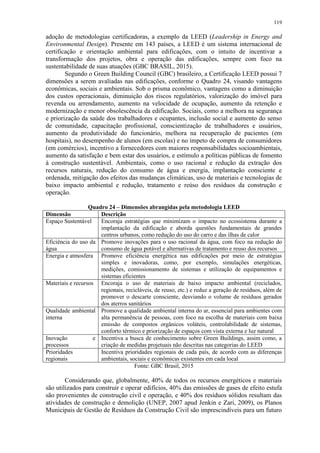 119
adoção de metodologias certificadoras, a exemplo da LEED (Leadership in Energy and
Environmental Design). Presente em 143 países, a LEED é um sistema internacional de
certificação e orientação ambiental para edificações, com o intuito de incentivar a
transformação dos projetos, obra e operação das edificações, sempre com foco na
sustentabilidade de suas atuações (GBC BRASIL, 2015).
Segundo o Green Building Council (GBC) brasileiro, a Certificação LEED possui 7
dimensões a serem avaliadas nas edificações, conforme o Quadro 24, visando vantagens
econômicas, sociais e ambientais. Sob o prisma econômico, vantagens como a diminuição
dos custos operacionais, diminuição dos riscos regulatórios, valorização do imóvel para
revenda ou arrendamento, aumento na velocidade de ocupação, aumento da retenção e
modernização e menor obsolescência da edificação. Sociais, como a melhora na segurança
e priorização da saúde dos trabalhadores e ocupantes, inclusão social e aumento do senso
de comunidade, capacitação profissional, conscientização de trabalhadores e usuários,
aumento da produtividade do funcionário, melhora na recuperação de pacientes (em
hospitais), no desempenho de alunos (em escolas) e no ímpeto de compra de consumidores
(em comércios), incentivo a fornecedores com maiores responsabilidades socioambientais,
aumento da satisfação e bem estar dos usuários, e estímulo a políticas públicas de fomento
à construção sustentável. Ambientais, como o uso racional e redução da extração dos
recursos naturais, redução do consumo de água e energia, implantação consciente e
ordenada, mitigação dos efeitos das mudanças climáticas, uso de materiais e tecnologias de
baixo impacto ambiental e redução, tratamento e reúso dos resíduos da construção e
operação.
Quadro 24 – Dimensões abrangidas pela metodologia LEED
Dimensão Descrição
Espaço Sustentável Encoraja estratégias que minimizam o impacto no ecossistema durante a
implantação da edificação e aborda questões fundamentais de grandes
centros urbanos, como redução do uso do carro e das ilhas de calor
Eficiência do uso da
água
Promove inovações para o uso racional da água, com foco na redução do
consumo de água potável e alternativas de tratamento e reuso dos recursos
Energia e atmosfera Promove eficiência energética nas edificações por meio de estratégias
simples e inovadoras, como, por exemplo, simulações energéticas,
medições, comissionamento de sistemas e utilização de equipamentos e
sistemas eficientes
Materiais e recursos Encoraja o uso de materiais de baixo impacto ambiental (reciclados,
regionais, recicláveis, de reuso, etc.) e reduz a geração de resíduos, além de
promover o descarte consciente, desviando o volume de resíduos gerados
dos aterros sanitários
Qualidade ambiental
interna
Promove a qualidade ambiental interna do ar, essencial para ambientes com
alta permanência de pessoas, com foco na escolha de materiais com baixa
emissão de compostos orgânicos voláteis, controlabilidade de sistemas,
conforto térmico e priorização de espaços com vista externa e luz natural
Inovação e
processos
Incentiva a busca de conhecimento sobre Green Buildings, assim como, a
criação de medidas projetuais não descritas nas categorias do LEED
Prioridades
regionais
Incentiva prioridades regionais de cada país, de acordo com as diferenças
ambientais, sociais e econômicas existentes em cada local
Fonte: GBC Brasil, 2015
Considerando que, globalmente, 40% de todos os recursos energéticos e materiais
são utilizados para construir e operar edifícios, 40% das emissões de gases de efeito estufa
são provenientes de construção civil e operação, e 40% dos resíduos sólidos resultam das
atividades de construção e demolição (UNEP, 2007 apud Jenkin e Zari, 2009), os Planos
Municipais de Gestão de Resíduos da Construção Civil são imprescindíveis para um futuro
 