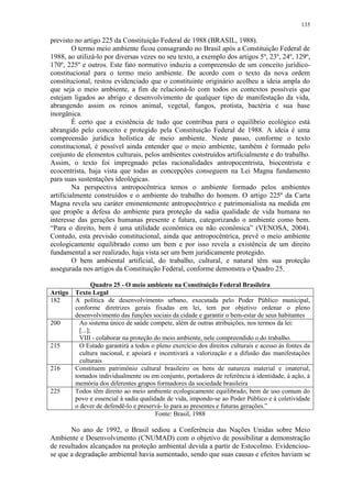 135
previsto no artigo 225 da Constituição Federal de 1988 (BRASIL, 1988).
O termo meio ambiente ficou consagrando no Brasil após a Constituição Federal de
1988, ao utilizá-lo por diversas vezes no seu texto, a exemplo dos artigos 5º, 23º, 24º, 129º,
170º, 225º e outros. Este fato normativo induziu a compreensão de um conceito jurídico-
constitucional para o termo meio ambiente. De acordo com o texto da nova ordem
constitucional, restou evidenciado que o constituinte originário acolheu a ideia ampla do
que seja o meio ambiente, a fim de relacioná-lo com todos os contextos possíveis que
estejam ligados ao abrigo e desenvolvimento de qualquer tipo de manifestação da vida,
abrangendo assim os reinos animal, vegetal, fungos, protista, bactéria e sua base
inorgânica.
É certo que a existência de tudo que contribua para o equilíbrio ecológico está
abrangido pelo conceito e protegido pela Constituição Federal de 1988. A ideia é uma
compreensão jurídica holística de meio ambiente. Neste passo, conforme o texto
constitucional, é possível ainda entender que o meio ambiente, também é formado pelo
conjunto de elementos culturais, pelos ambientes construídos artificialmente e do trabalho.
Assim, o texto foi impregnado pelas racionalidades antropocentrista, biocentrista e
ecocentrista, haja vista que todas as concepções conseguem na Lei Magna fundamento
para suas sustentações ideológicas.
Na perspectiva antropocêntrica temos o ambiente formado pelos ambientes
artificialmente construídos e o ambiente do trabalho do homem. O artigo 225º da Carta
Magna revela seu caráter eminentemente antropocêntrico e patrimonialista na medida em
que propõe a defesa do ambiente para proteção da sadia qualidade de vida humana no
interesse das gerações humanas presente e futura, categorizando o ambiente como bem.
“Para o direito, bem é uma utilidade econômica ou não econômica” (VENOSA, 2004).
Contudo, esta previsão constitucional, ainda que antropocêntrica, prevê o meio ambiente
ecologicamente equilibrado como um bem e por isso revela a existência de um direito
fundamental a ser realizado, haja vista ser um bem juridicamente protegido.
O bem ambiental artificial, do trabalho, cultural, e natural têm sua proteção
assegurada nos artigos da Constituição Federal, conforme demonstra o Quadro 25.
Quadro 25 - O meio ambiente na Constituição Federal Brasileira
Artigo Texto Legal
182 A política de desenvolvimento urbano, executada pelo Poder Público municipal,
conforme diretrizes gerais fixadas em lei, tem por objetivo ordenar o pleno
desenvolvimento das funções sociais da cidade e garantir o bem-estar de seus habitantes
200 Ao sistema único de saúde compete, além de outras atribuições, nos termos da lei:
[...];
VIII - colaborar na proteção do meio ambiente, nele compreendido o do trabalho.
215 O Estado garantirá a todos o pleno exercício dos direitos culturais e acesso às fontes da
cultura nacional, e apoiará e incentivará a valorização e a difusão das manifestações
culturais
216 Constituem patrimônio cultural brasileiro os bens de natureza material e imaterial,
tomados individualmente ou em conjunto, portadores de referência à identidade, à ação, à
memória dos diferentes grupos formadores da sociedade brasileira
225 Todos têm direito ao meio ambiente ecologicamente equilibrado, bem de uso comum do
povo e essencial à sadia qualidade de vida, impondo-se ao Poder Público e à coletividade
o dever de defendê-lo e preservá- lo para as presentes e futuras gerações.”
Fonte: Brasil, 1988
No ano de 1992, o Brasil sediou a Conferência das Nações Unidas sobre Meio
Ambiente e Desenvolvimento (CNUMAD) com o objetivo de possibilitar a demonstração
de resultados alcançados na proteção ambiental devida a partir de Estocolmo. Evidenciou-
se que a degradação ambiental havia aumentado, sendo que suas causas e efeitos haviam se
 