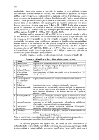 148
modalidades: patrocinada, quando a concessão de serviços ou obras públicas envolver,
adicionalmente à tarifa cobrada dos usuários, uma contraprestação pecuniária do parceiro
público ao parceiro privado; ou administrativa, mediante contrato de prestação de serviços
onde a contraprestação pecuniária é exclusiva da Administração Pública, usuária direta ou
indireta, ainda que envolva execução de obra ou fornecimento e instalação de bens. Ao
amparo desta lei, as prefeituras têm a prerrogativa de organizar concessões com prazos
longos, entre cinco e trinta e cinco anos. A Lei nº 11.107/2005 dispôs sobre as normas
gerais de contratação de consórcios públicos, estabelecendo como devem proceder a
União, os estados, o Distrito Federal e os municípios para realizarem objetivos de interesse
público regional (ROCHA & HORTA, 2005; BRASIL, 2005).
Resíduos sólidos, segundo a lei 12.305/2010, é todo o “material, substância, objeto
ou bem descartado resultante de atividades humanas em sociedade, a cuja destinação final
se procede, se propõe proceder ou se está obrigado a proceder, nos estados sólido ou
semissólido, bem como gases contidos em recipientes e líquidos cujas particularidades
tornem inviável o seu lançamento na rede pública de esgotos ou em corpos d’água, ou
exijam para isso soluções técnica ou economicamente inviáveis em face da melhor
tecnologia disponível” (BRASIL, 2010b, Art. 3º-XVI). Observa-se que o conceito de
resíduos sólidos é amplo, de modo que a própria lei 12.305 preocupa-se em explicá-los, ao
classificá-los quanto à origem e periculosidade.
Quanto à origem, os resíduos sólidos são classificados conforme o Quadro 26.
Quadro 26 – Classificação dos resíduos sólidos quanto à origem
Nome Origem
a Domiciliares originários de atividades domésticas em residências urbanas
b Limpeza urbana originários da varrição, limpeza de logradouros e vias públicas e
outros serviços de limpeza urbana
c Sólidos Urbanos Englobam “a” e “b”
d Comerciais e
prestadores de
serviços1
os gerados nessas atividades, excetuados os referidos nas alíneas “b”,
“e”, “g”, “h” e “j”
e Serviços públicos
de saneamento
básico
os gerados nessas atividades, excetuados os referidos na alínea “c”
f Industriais os gerados nos processos produtivos e instalações industriais
g Serviços de saúde os gerados nos serviços de saúde, conforme definido em regulamento
ou em normas estabelecidas pelos órgãos do Sistema Nacional de
Meio Ambiente (Sisnama) e do Sistema Nacional de Vigilância
Sanitária (SNVS)
h Construção Civil os gerados nas construções, reformas, reparos e demolições de obras
de construção civil, incluídos os resultantes da preparação e escavação
de terrenos para obras civis
i Agrossilvopastoris os gerados nas atividades agropecuárias e silviculturais, incluídos os
relacionados a insumos utilizados nessas atividades
j Serviços de
transportes
os originários de portos, aeroportos, terminais alfandegários,
rodoviários e ferroviários e passagens de fronteira
k Mineração os gerados na atividade de pesquisa, extração ou beneficiamento de
minérios
Fonte: Brasil, 2010b, Art. 13
Nota: se caracterizados como não perigosos, podem, em razão de sua natureza, composição ou
volume, ser equiparados aos resíduos domiciliares pelo poder público municipal.
Os resíduos perigosos são aqueles que, em razão de suas características de
inflamabilidade, corrosividade, reatividade, toxicidade, patogenicidade, carcinogenicidade,
teratogenicidade e mutagenicidade, apresentam significativo risco à saúde pública ou à
 