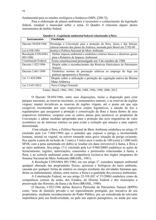 44
fundamental para os estudos zoológicos e botânicos (MIN, [200-?]).
Para a elaboração de planos ambientais é necessário o conhecimento da legislação
federal, estadual e municipal sobre o tema. O Quadro 4 relaciona alguns destes
instrumentos de âmbito federal.
Quadro 4 - Legislação ambiental federal relacionada à flora
Instrumentos Finalidade
Decreto 58.054/1966 Promulga a Convenção para a proteção da flora, fauna e das belezas
cênicas naturais dos países da América, assinada pelo Brasil em 27/02/40
Lei 6.938/1981 Institui a Política Nacional de Meio Ambiente
Resolução CONAMA
001/1986
Define impacto ambiental e estabelece critérios básicos e diretrizes gerais
para o Relatório de Impacto Ambiental
Constituição Federal Texto constitucional promulgado em 5 de outubro de 1988
Decreto 1.922/1996 Dispõe sobre o reconhecimento das Reservas Particulares do Patrimônio
Natural.
Decreto 2.661/1998 Estabelece normas de precaução relativas ao emprego do fogo em
práticas agropastoris e florestais
Lei 11.428/2006 Dispõe sobre a utilização e proteção da vegetação nativa do Bioma
Mata Atlântica
Lei 12.651/2012 Novo Código Florestal
Fontes: Brasil, 1966; 1981; 1986; 1988; 1996; 1998; 2006; 2012
O Decreto 58.054/1966, entre suas disposições, inclui a disposição para criar
parques nacionais, as reservas nacionais, os monumentos naturais, e as reservas de regiões
virgens; manter invioláveis as reservas de regiões virgens, até o ponto em que seja
exequível; recomendar aos seus respectivos corpos legislativos, a adoção de leis e
regulamentos que assegurem a proteção e conservação da flora e fauna dentro de seus
respectivos territórios; cooperar com os outros países para promover os propósitos da
Convenção; e adotar medidas apropriadas para a proteção das aves migratórias de valor
econômico ou de interesse estético ou para evitar a extinção que ameace a uma espécie
determinada.
Com relação à flora, a Política Nacional de Meio Ambiente estabelece no artigo 15
(incluído pela Lei 7.804/1989) que o poluidor que expuser a perigo a incolumidade
humana, animal ou vegetal, ou estiver tornando mais grave situação de perigo existente,
fica sujeito à pena de reclusão de 1 (um) a 3 (três) anos e multa de 100 (cem) a 1.000 (mil)
MVR, com a pena aumentada em dobro se resultar em dano irreversível à fauna, à flora e
ao meio ambiente. Seu artigo 17-L (incluído pela Lei 9.960/2000) estabelece as ações de
licenciamento, registro, autorizações, concessões e permissões relacionadas à fauna, à
flora, e ao controle ambiental como de competência exclusiva dos órgãos integrantes do
Sistema Nacional do Meio Ambiente (BRASIL, 1981).
A Resolução CONAMA 001/1986, em seu artigo 1º, considera impacto ambiental
qualquer alteração das propriedades físicas, químicas e biológicas do meio ambiente,
causada por qualquer forma de matéria ou energia resultante das atividades humanas que,
direta ou indiretamente, afetam, entre outros, a biota e a qualidade dos recursos ambientais.
A Constituição Federal, no seu artigo 23-VII (EC nº 53/2006) estabelece como de
competência comum da união, dos Estados, do Distrito Federal e dos municípios a
preservação das florestas, da fauna e da flora (BRASIL, 1988).
O Decreto 1.922/1996 define Reserva Particular do Patrimônio Natural (RPPN)
como “área de domínio privado a ser especialmente protegida, por iniciativa de seu
proprietário, mediante reconhecimento do Poder Público, por ser considerada de relevante
importância pela sua biodiversidade, ou pelo seu aspecto paisagístico, ou ainda por suas
 