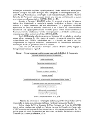57
informações de maneira adequadas a população local e a partes interessadas. Na criação de
Estação Ecológica ou Reserva Biológica não é obrigatória a consulta pública (BRASIL,
2000, Art. 22). As unidades de conservação, exceto Área de Proteção Ambiental e Reserva
Particular do Patrimônio Natural, devem possuir uma zona de amortecimento e, quando
conveniente, corredores ecológicos (BRASIL, 2000, Art. 25).
Segundo o Decreto nº 4340/2002, artigo, 2º, no ato da criação da UC deve-se
indicar: (i) a denominação, a categoria de manejo, os objetivos, os limites, a área da
unidade e o órgão responsável por sua administração; (ii) a população tradicional
beneficiária, no caso das Reservas Extrativistas e das Reservas de Desenvolvimento
Sustentável; (iii) a população tradicional residente, quando couber, no caso das Florestas
Nacionais, Florestas Estaduais ou Florestas Municipais; e (iv) as atividades econômicas, de
segurança e de defesa nacional envolvidas (BRASIL, 2002).
Brasil (2002) dispõe sobre temas como: os limites da UC em relação ao subsolo e
espaço aéreo; mosaicos de UCs; planos de manejo; formação de conselhos; gestão
compartilhada com OSCIPs; autorizações para a exploração de bens e serviços;
compensações por impactos ambientais, reassentamento de comunidades tradicionais;
reavaliações de UCs; e gestão de Reservas da Biosfera.
Como criar uma UC em nível municipal? Oliveira e Barbosa (2010) propõem o
fluxograma apresentado na Figura 4.
Figura 4 – Fluxograma dos procedimentos para a criação de Unidade de Conservação
Fonte: Oliveira e Barbosa, 2010, p.38
Algumas das observações e orientações elaboradas por Oliveira e Barbosa (2010)
relacionadas às etapas esquematizadas na Figura 4 estão apresentadas no Quadro 8.
Após a criação da UC, a Secretaria de Meio Ambiente ou Órgão do SISNAMA
deverá realizar o cadastro da unidade no Cadastro Nacional de Unidades de Conservação
(CNUC), um sistema integrado de banco de dados com informações padronizadas das UCs
geridas pelos três níveis de governo e por particulares, no âmbito do Ministério do Meio
Ambiente (OLIVEIRA; BARBOSA, 2010).
 