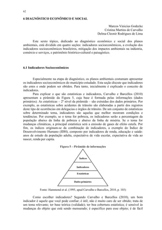 62
6 DIAGNÓSTICO ECONÔMICO E SOCIAL
Marcos Vinicius Godecke
Cristina Martins de Carvalho
Delma Cleonir Rodrigues de Lima
Este sexto tópico, dedicado ao diagnóstico econômico e social dos planos
ambientais, está dividido em quatro seções: indicadores socioeconômicos, a evolução dos
indicadores socioeconômicos brasileiros, mitigação dos impactos ambientais na indústria,
comércio e serviços, e patrimônio histórico-cultural e paisagístico.
6.1 Indicadores Socioeconômicos
Especialmente na etapa de diagnóstico, os planos ambientais costumam apresentar
os indicadores socioeconômicos do município estudado. Esta seção discute que indicadores
são estes e onde podem ser obtidos. Para tanto, inicialmente é explicado o conceito de
indicadores.
Para explicar o que são estatísticas e indicadores, Carvalho e Barcellos (2010)
apresentam a pirâmide da Figura 5, cuja base é formada pelas informações (dados
primários). As estatísticas – 2º nível da pirâmide – são extraídas dos dados primários. Por
exemplo, as estatísticas sobre acidentes de trânsito são elaboradas a partir dos registros
deste tipo de ocorrências em delegacias e órgãos de trânsito. De um conjunto de estatísticas
sobre determinado tema, indicadores são aquelas que melhor mostram condições e
tendências. Por exemplo, se o tema for pobreza, os indicadores serão a percentagem da
população abaixo da linha de pobreza e abaixo da linha de miséria. Se o tema for
mudanças climáticas, a principal estatística será a emissão de gases de efeito estufa. Por
fim, os índices originam-se da combinação de indicadores, a exemplo do Índice de
Desenvolvimento Humano (IDH), composto por indicadores de renda, educação e saúde:
anos de estudo da população adulta, expectativa de vida escolar, expectativa de vida ao
nascer, renda per capita.
Figura 5 – Pirâmide de informações
Fonte: Hammond et al. (1995, apud Carvalho e Barcellos, 2010, p. 103)
Como escolher indicadores? Segundo Carvalho e Barcellos (2010), um bom
indicador é aquele que você pode confiar; é útil; não é muito caro de ser obtido; trata de
um tema relevante; ter base teórica (validade); ter boa cobertura estatística; é sensível às
mudanças do objeto que está sendo mensurado; é específico para esse objeto; é de fácil
 