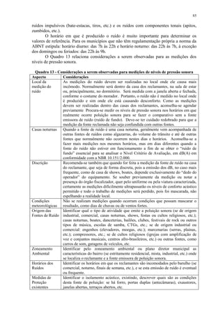 85
ruídos impulsivos (bate-estacas, tiros, etc.) e os ruídos com componentes tonais (apitos,
zumbidos, etc.).
O horário em que é produzido o ruído é muito importante para determinar os
valores de referência. Para os municípios que não têm regulamentação própria a norma da
ABNT estipula: horário diurno: das 7h às 22h e horário noturno: das 22h às 7h, à exceção
dos domingos ou feriados: das 22h às 9h.
O Quadro 13 relaciona considerações a serem observadas para as medições dos
níveis de pressão sonora.
Quadro 13 - Considerações a serem observadas para medições de níveis de pressão sonora
Aspecto Considerações
Local da
medição do
ruído
As medições do ruído devem ser realizadas no local onde ele causa mais
incômodo. Normalmente será dentro da casa dos reclamantes, na sala de estar
ou, principalmente, no dormitório. Será medida com a janela aberta e fechada,
conforme o costume do morador. Portanto, o ruído não é medido no local onde
é produzido e sim onde ele está causando desconforto. Como as medições
devem ser realizadas dentro das casas dos reclamantes, aconselha-se agendar
previamente. Procura-se medir os níveis de pressão sonora nos horários em que
realmente ocorre poluição sonora para se fazer o comparativo sem a fonte
emissora de ruído (ruído de fundo). Deve-se ter cuidado redobrado para que a
medição da fonte reclamada não seja confundida com outras fontes.
Casas noturnas Quando a fonte de ruído é uma casa noturna, geralmente vem acompanhada de
outras fontes de ruídos como algazarras, do volume do trânsito e até de outras
fontes que normalmente não ocorrem nestes dias e horários. Aconselha-se a
fazer mais medições nos mesmos horários, mas em dias diferentes quando a
fonte do ruído não estiver em funcionamento a fim de se obter o “ruído de
fundo” essencial para se analisar o Nível Critério de Avaliação, em dB(A) em
conformidade com a NBR 10.151/2.000.
Discrição Recomenda-se também que quando for feita a medição da fonte de ruído na casa
do reclamante, que seja de forma discreta, pois a emissão dos dB, no caso mais
frequente, como de casa de shows, boates, depende exclusivamente do “dedo do
operador” do equipamento. Se souber previamente da medição ou notar a
presença do órgão fiscalizador, quer pelo uniforme ou pela viatura caracterizada,
certamente as medições dificilmente ultrapassarão os níveis de conforto acústico
permitido e todo o trabalho de medições será perdido, pois foi mascarada, não
espelhando a realidade local.
Condições
meteorológicas
Não se realizam medições quando ocorram condições que possam mascarar o
resultado, como dias de chuvas ou de ventos fortes.
Origem das
Fontes de Ruído
Identificar qual o tipo de atividade que emite a poluição sonora (se de origem
industrial, comercial, casas noturnas, shows, festas ou cultos religiosos, etc.);
casas noturnas, boates, danceterias, bailões, clubes, festivais de rock ou outros
tipos de música, escolas de samba, CTGs, etc.; se de origem industrial ou
comercial: engenhos (elevadores, moegas, etc.); marcenarias (serras, plainas,
etc.); compressores, etc.; se de cultos religiosos (igrejas com amplificação de
voz e conjuntos musicais, centros afro-brasileiros, etc.) ou outras fontes, como
carros de som, garagens de veículos, etc.
Zoneamento
Ambiental
Identificar pelo zoneamento ambiental ou plano diretor municipal as
características do bairro (se estritamente residencial, mista, industrial, etc.) onde
se localiza o reclamante e a fonte emissora de poluição sonora.
Horários dos
Ruídos
Identificar os horários em que os reclamantes são incomodados pelo barulho (se
comercial, noturno, finais de semana, etc.), e se esta emissão de ruído é eventual
ou frequente.
Medidas de
Proteção
existentes
Identificar o isolamento acústico, existindo, descrever quais são as condições
desta fonte de poluição: se há forro, portas duplas (antecâmaras), exaustores,
janelas abertas, terraços abertos, etc.
 