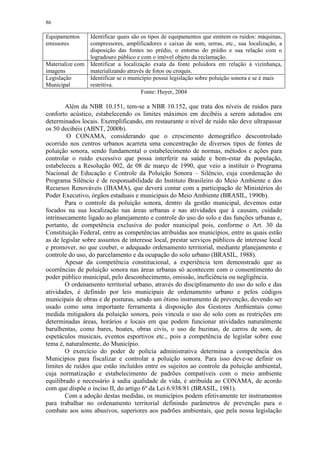 86
Equipamentos
emissores
Identificar quais são os tipos de equipamentos que emitem os ruídos: máquinas,
compressores, amplificadores e caixas de som, serras, etc., sua localização, a
disposição das fontes no prédio, o entorno do prédio e sua relação com o
logradouro público e com o imóvel objeto da reclamação.
Materialize com
imagens
Identificar a localização exata da fonte poluidora em relação à vizinhança,
materializando através de fotos ou croquis.
Legislação
Municipal
Identificar se o município possui legislação sobre poluição sonora e se é mais
restritiva.
Fonte: Huyer, 2004
Além da NBR 10.151, tem-se a NBR 10.152, que trata dos níveis de ruídos para
conforto acústico, estabelecendo os limites máximos em decibéis a serem adotados em
determinados locais. Exemplificando, em restaurante o nível de ruído não deve ultrapassar
os 50 decibéis (ABNT, 2000b).
O CONAMA, considerando que o crescimento demográfico descontrolado
ocorrido nos centros urbanos acarreta uma concentração de diversos tipos de fontes de
poluição sonora, sendo fundamental o estabelecimento de normas, métodos e ações para
controlar o ruído excessivo que possa interferir na saúde e bem-estar da população,
estabeleceu a Resolução 002, de 08 de março de 1990, que veio a instituir o Programa
Nacional de Educação e Controle da Poluição Sonora – Silêncio, cuja coordenação do
Programa Silêncio é de responsabilidade do Instituto Brasileiro do Meio Ambiente e dos
Recursos Renováveis (IBAMA), que deverá contar com a participação de Ministérios do
Poder Executivo, órgãos estaduais e municipais do Meio Ambiente (BRASIL, 1990b).
Para o controle da poluição sonora, dentro da gestão municipal, devemos estar
focados na sua localização nas áreas urbanas e nas atividades que à causam, cuidado
intrinsecamente ligado ao planejamento e controle do uso do solo e das funções urbanas e,
portanto, de competência exclusiva do poder municipal pois, conforme o Art. 30 da
Constituição Federal, entre as competências atribuídas aos municípios, entre as quais estão
as de legislar sobre assuntos de interesse local, prestar serviços públicos de interesse local
e promover, no que couber, o adequado ordenamento territorial, mediante planejamento e
controle do uso, do parcelamento e da ocupação do solo urbano (BRASIL, 1988).
Apesar da competência constitucional, a experiência tem demonstrado que as
ocorrências de poluição sonora nas áreas urbanas só acontecem com o consentimento do
poder público municipal, pelo desconhecimento, omissão, ineficiência ou negligência.
O ordenamento territorial urbano, através do disciplinamento do uso do solo e das
atividades, é definido por leis municipais de ordenamento urbano e pelos códigos
municipais de obras e de posturas, sendo um ótimo instrumento de prevenção, devendo ser
usado como uma importante ferramenta à disposição dos Gestores Ambientais como
medida mitigadora da poluição sonora, pois vincula o uso do solo com as restrições em
determinadas áreas, horários e locais em que podem funcionar atividades naturalmente
barulhentas, como bares, boates, obras civis, o uso de buzinas, de carros de som, de
espetáculos musicais, eventos esportivos etc., pois a competência de legislar sobre esse
tema é, naturalmente, do Município.
O exercício do poder de polícia administrativa determina a competência dos
Municípios para fiscalizar e controlar a poluição sonora. Para isso deve-se definir os
limites de ruídos que estão incluídos entre os sujeitos ao controle da poluição ambiental,
cuja normatização e estabelecimento de padrões compatíveis com o meio ambiente
equilibrado e necessário à sadia qualidade de vida, é atribuída ao CONAMA, de acordo
com que dispõe o inciso II, do artigo 6º da Lei 6.938/81 (BRASIL, 1981).
Com a adoção destas medidas, os municípios podem efetivamente ter instrumentos
para trabalhar no ordenamento territorial definindo parâmetros de prevenção para o
combate aos sons abusivos, superiores aos padrões ambientais, que pela nossa legislação
 