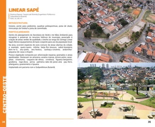 Linear Sapé

Rodovia Raposo Tavares até Avenida Engenheiro Politécnico
Subprefeitura Butantã
Área: 26.240 m²

INFRAESTRUTURA
Estares, ponte para pedestres, quadras poliesportivas, pista de skate,
minicampo de futebol e pista de caminhada.

PARTICULARIDADES
Dentro do planejamento da Secretaria do Verde e do Meio Ambiente para
recuperar e preservar os recursos hídricos do município associado à
criação de áreas verdes de qualidade, o trecho ao longo do Córrego Linear
Sapé oferece equipamentos de lazer e esporte para uso da população local.
Na área, ocorrem espécies de aves comuns de áreas abertas da cidade,
a exemplo: quero-quero, rolinha, beija-flor-tesoura, sabiá-laranjeira,
bem-te-vi, anu-preto, anu-branco, sanhaçu-cinzento, andorinhapequena-de-casa e chopim.
Possui vegetação composta por arborização esparsa, gramados e áreas
ajardinadas. Destacam-se amoreira, aroeira-mansa, árvore-polvo, assapeixe, cinamomo, coqueiro-de-vênus, crindiúva, figueira-benjamim,
goiabeira, ingá-doce, jerivá, palmeira-rabo-de-peixe-anã, pau-ferro,
pitangueira, quaresmeira e tipuana.

centro-oeste

Implantado em parceria com a Subprefeitura Butantã.

34

35

 