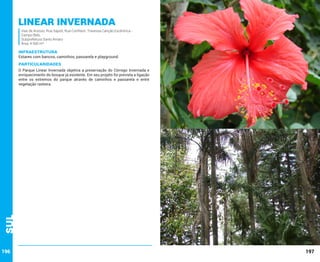 Linear Invernada
Vias de Acesso: Rua Sapoti; Rua Confiteor; Travessa Canção Excêntrica Campo Belo.
Subprefeitura Santo Amaro
Área: 4.500 m²

INFRAESTRUTURA

Estares com bancos, caminhos, passarela e playground.

PARTICULARIDADES

Sul

O Parque Linear Invernada objetiva a preservação do Córrego Invernada e
enriquecimento do bosque já existente. Em seu projeto foi prevista a ligação
entre os extremos do parque através de caminhos e passarela e entre
vegetação rasteira.

196

197

 